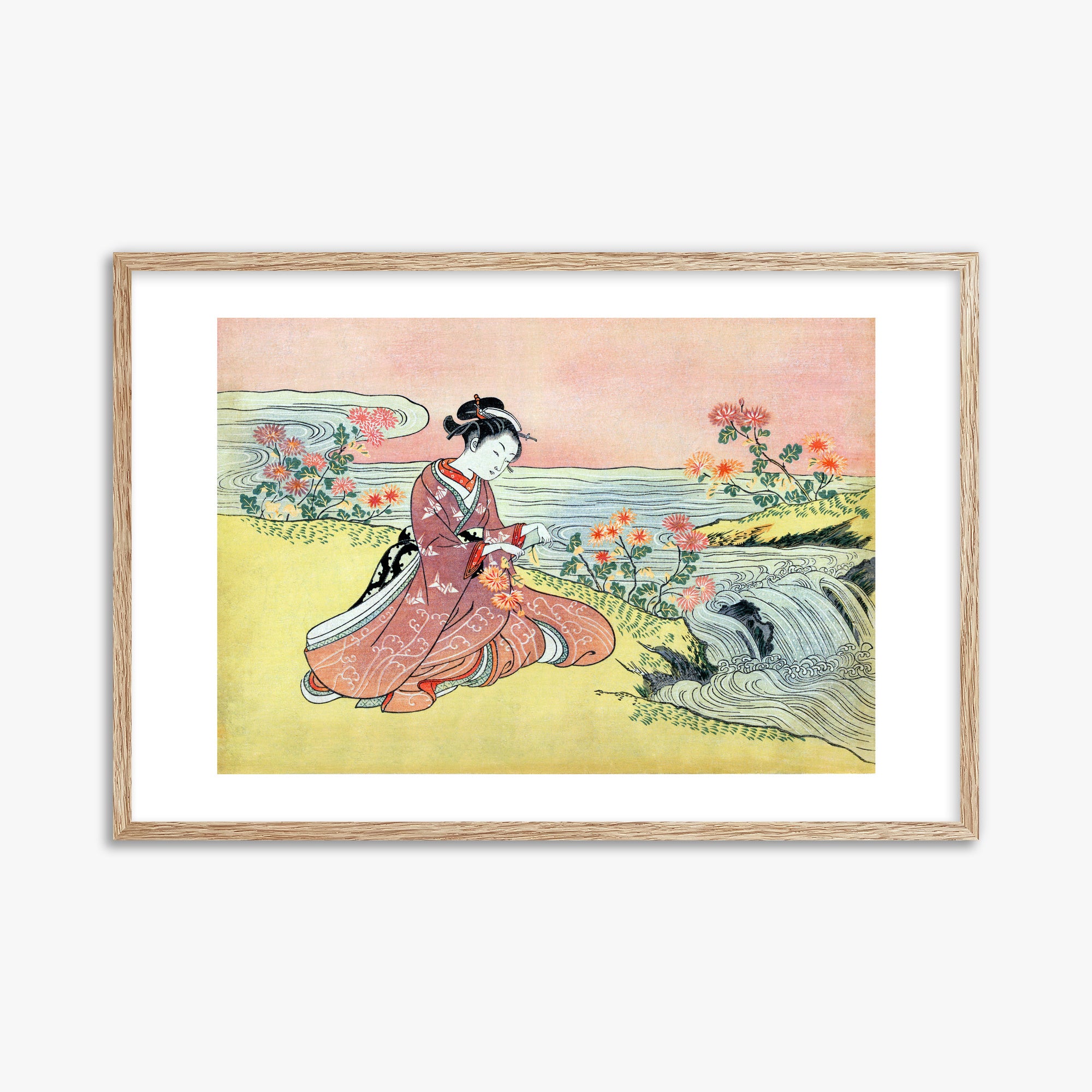 Suzuki Harunobu: Woman Picking Chrysanthemum, 61x91cm Framed Art Reproduction With Raw Oak Frame