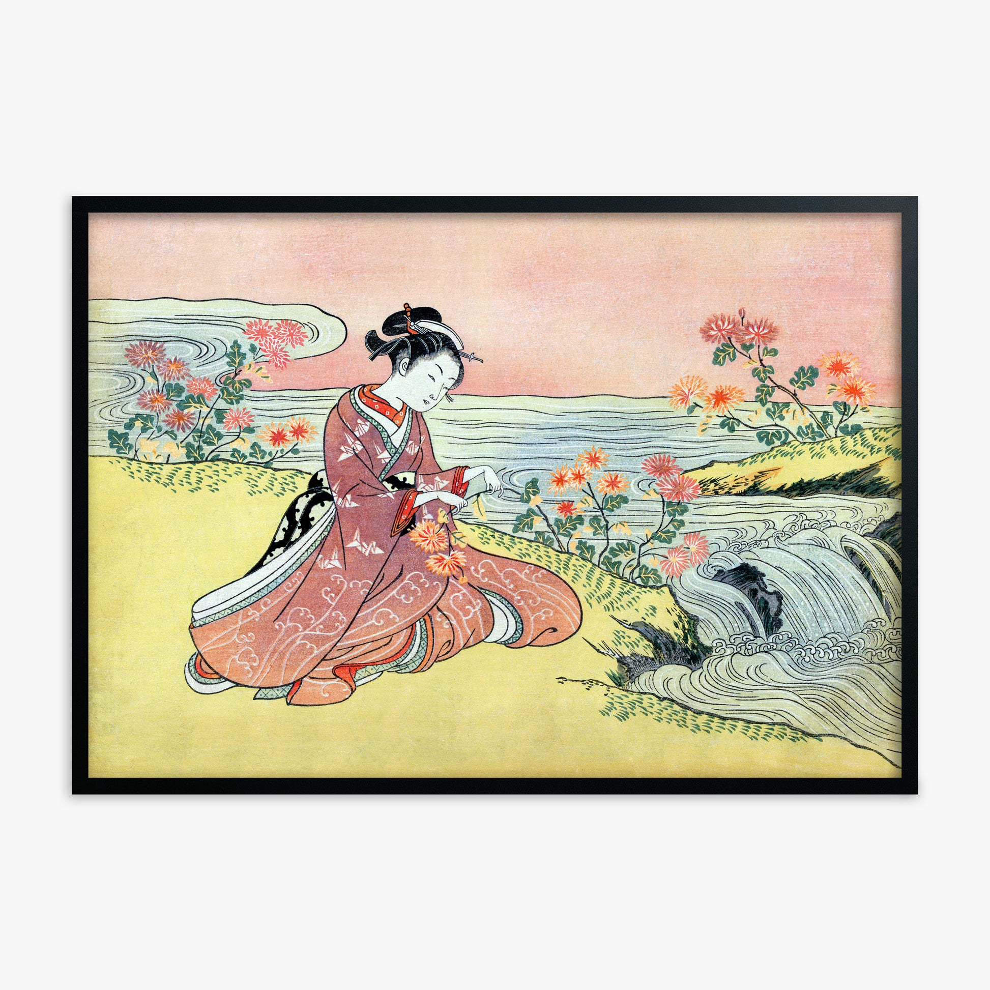 Suzuki Harunobu: Woman Picking Chrysanthemum, Black Framed Art Reproduction With Black Frame