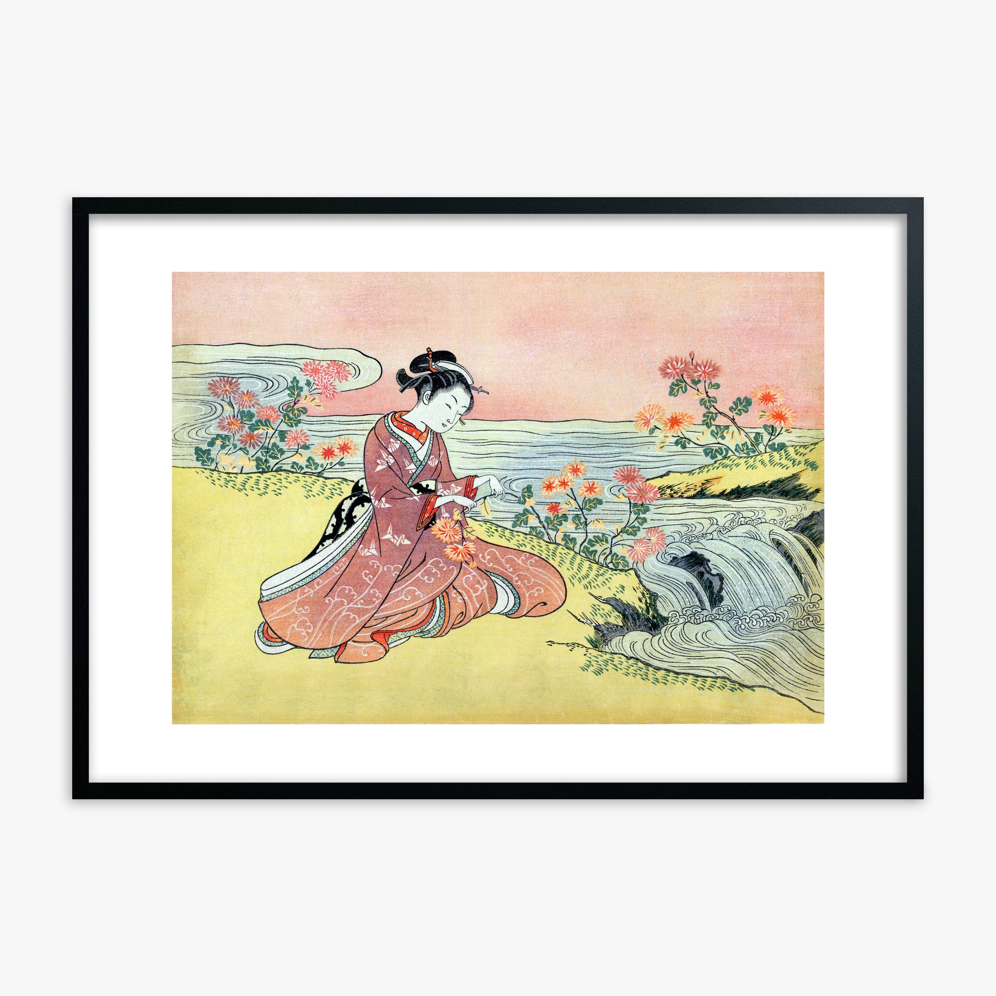 Suzuki Harunobu: Woman Picking Chrysanthemum, Black Framed Art Reproduction With Black Frame