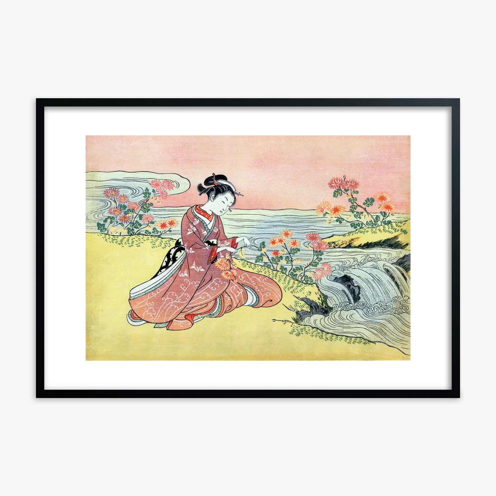 Suzuki Harunobu: Woman Picking Chrysanthemum, Black Framed Art Reproduction With Black Frame