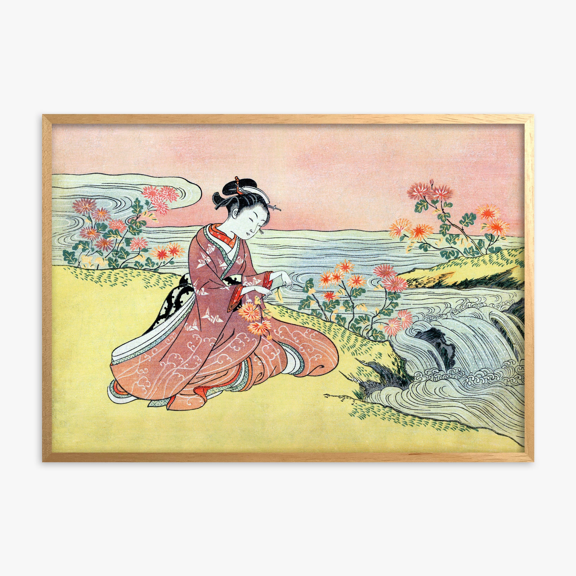 Suzuki Harunobu: Woman Picking Chrysanthemum, Oak Framed Art Reproduction With Oak Frame