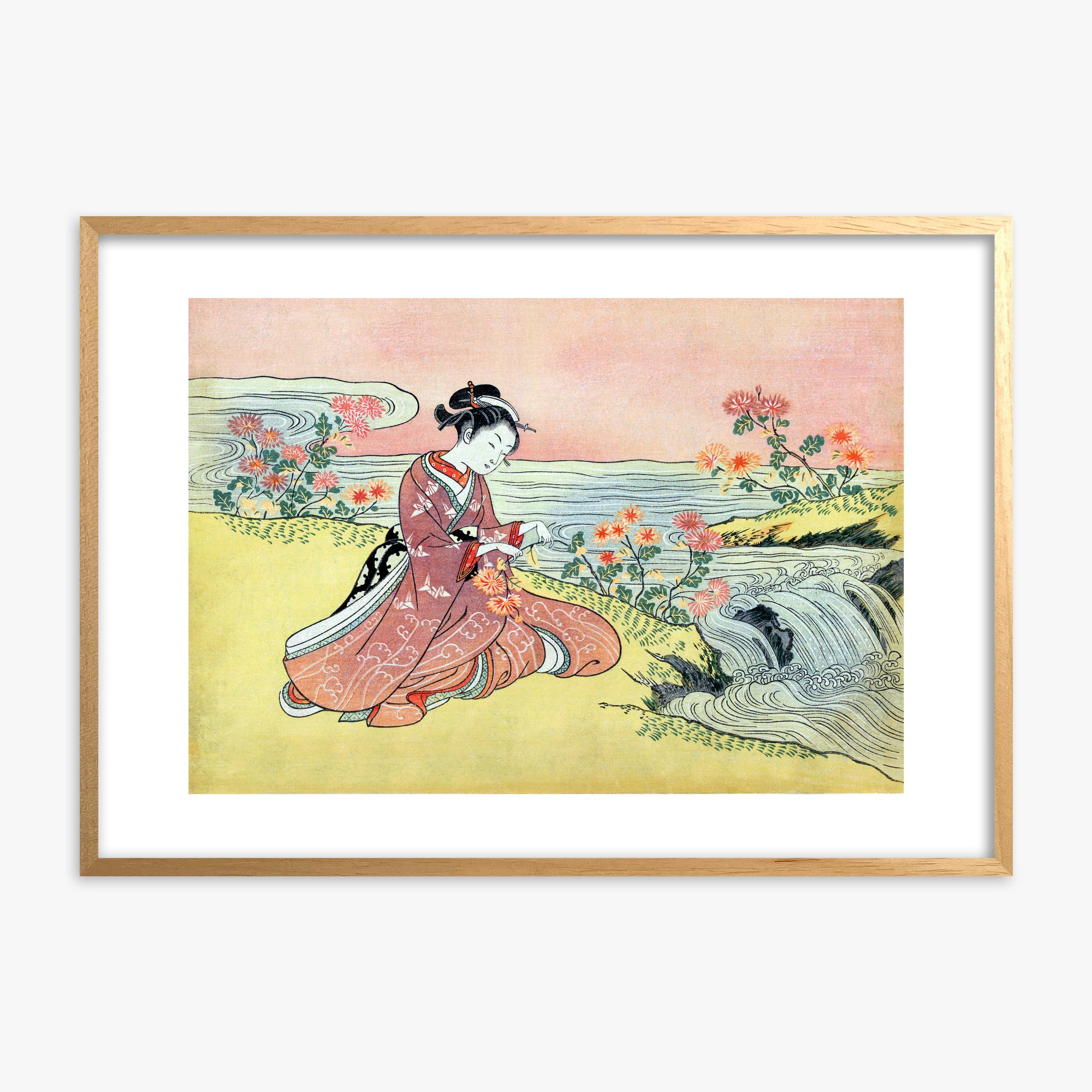 Suzuki Harunobu: Woman Picking Chrysanthemum, Oak Framed Art Reproduction With Oak Frame