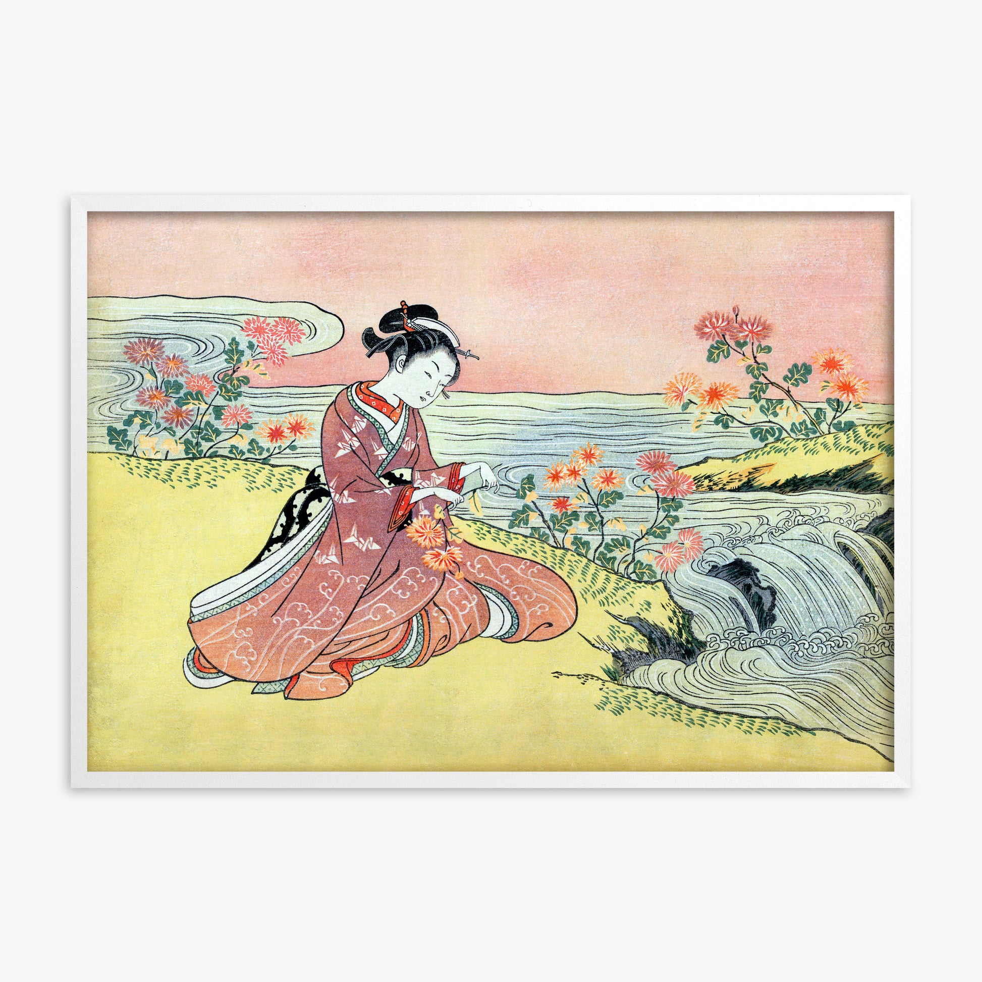 Suzuki Harunobu: Woman Picking Chrysanthemum, White Framed Art Reproduction With White Frame