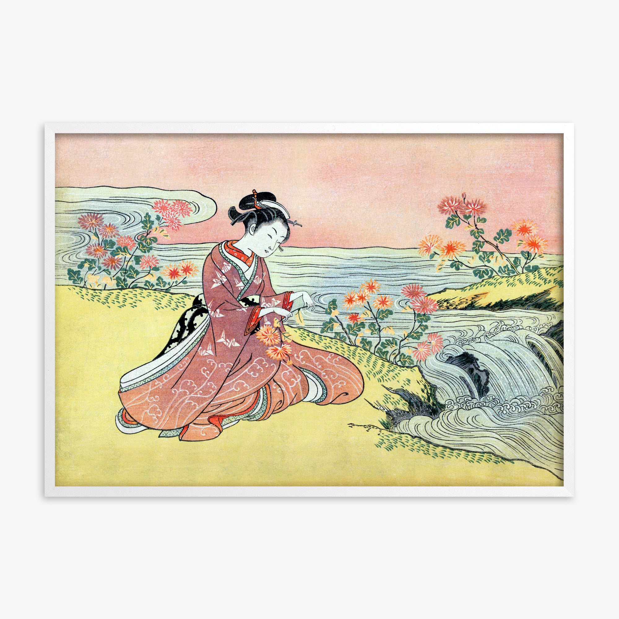 Suzuki Harunobu: Woman Picking Chrysanthemum, White Framed Art Reproduction With White Frame