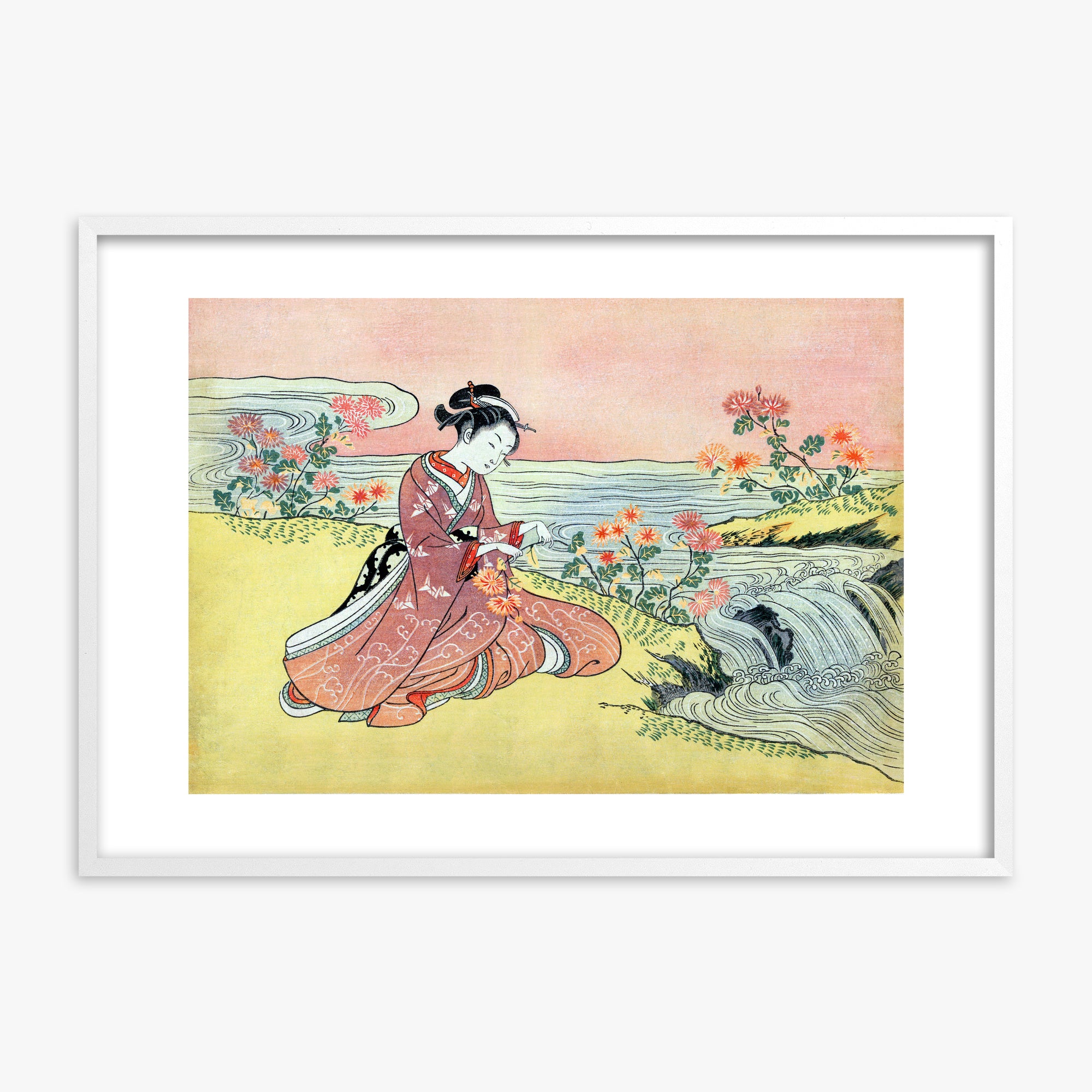 Suzuki Harunobu: Woman Picking Chrysanthemum, White Framed Art Reproduction With White Frame