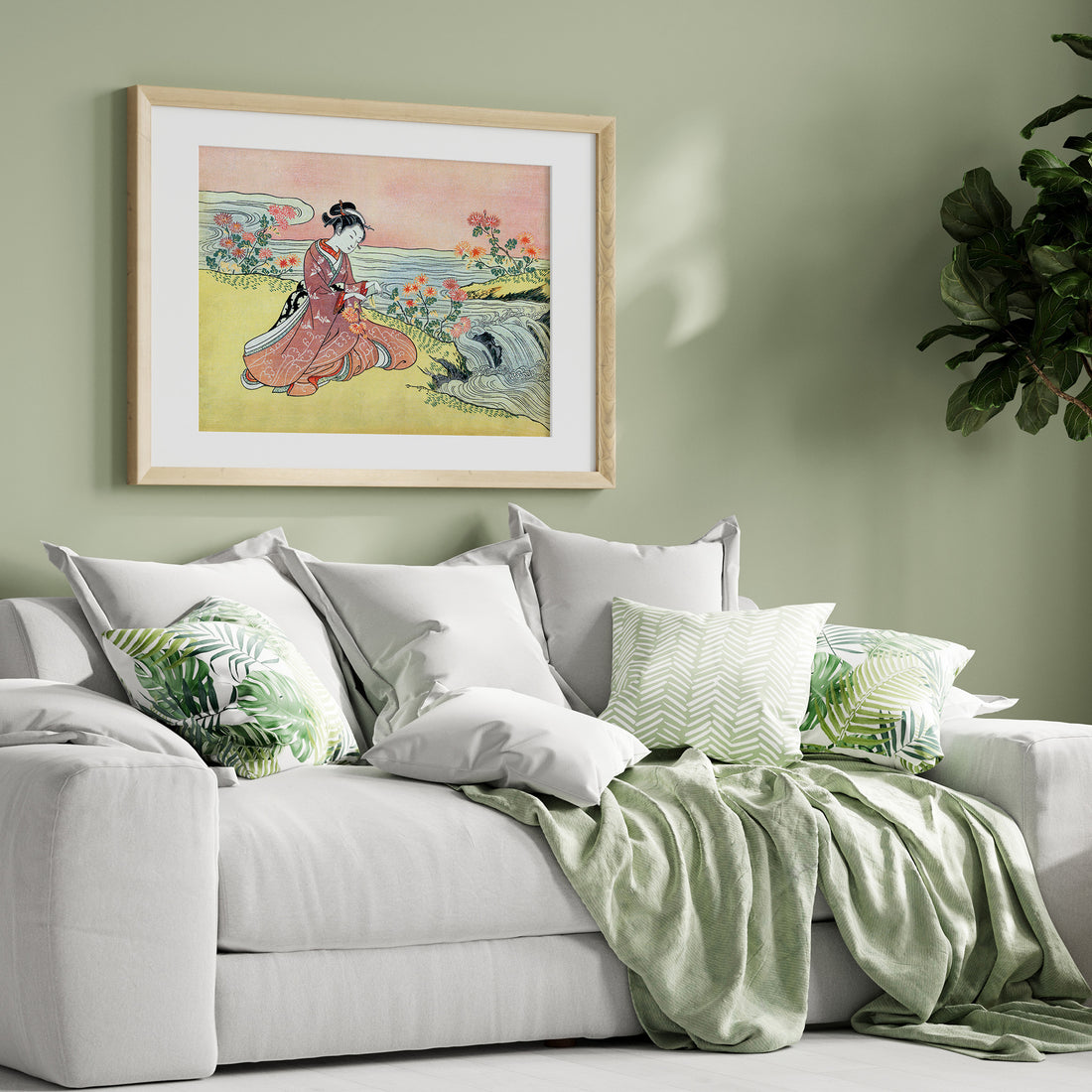 Suzuki Harunobu: Woman Picking Chrysanthemum, 50x70cm Framed Art Reproduction With Black Frame