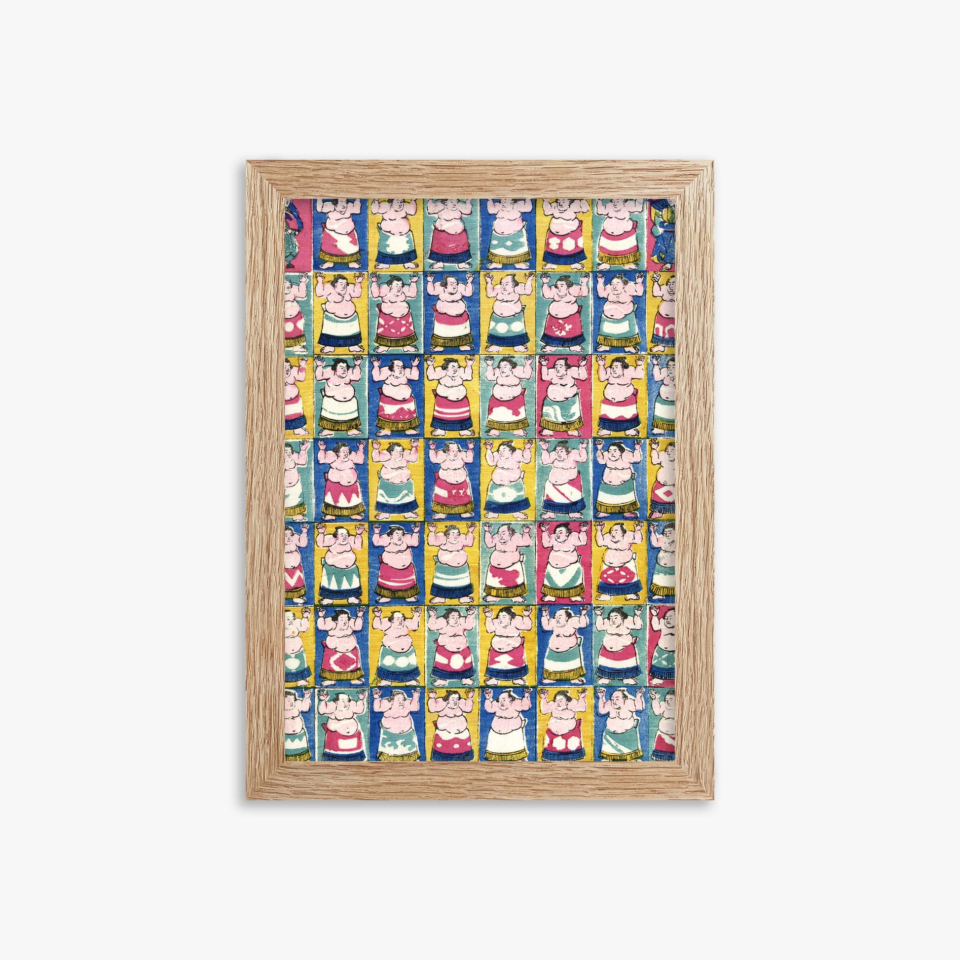 Utagawa Yoshikazu: Sumo Wrestlers, 21x30cm Framed Art Reproduction With Raw Oak Frame
