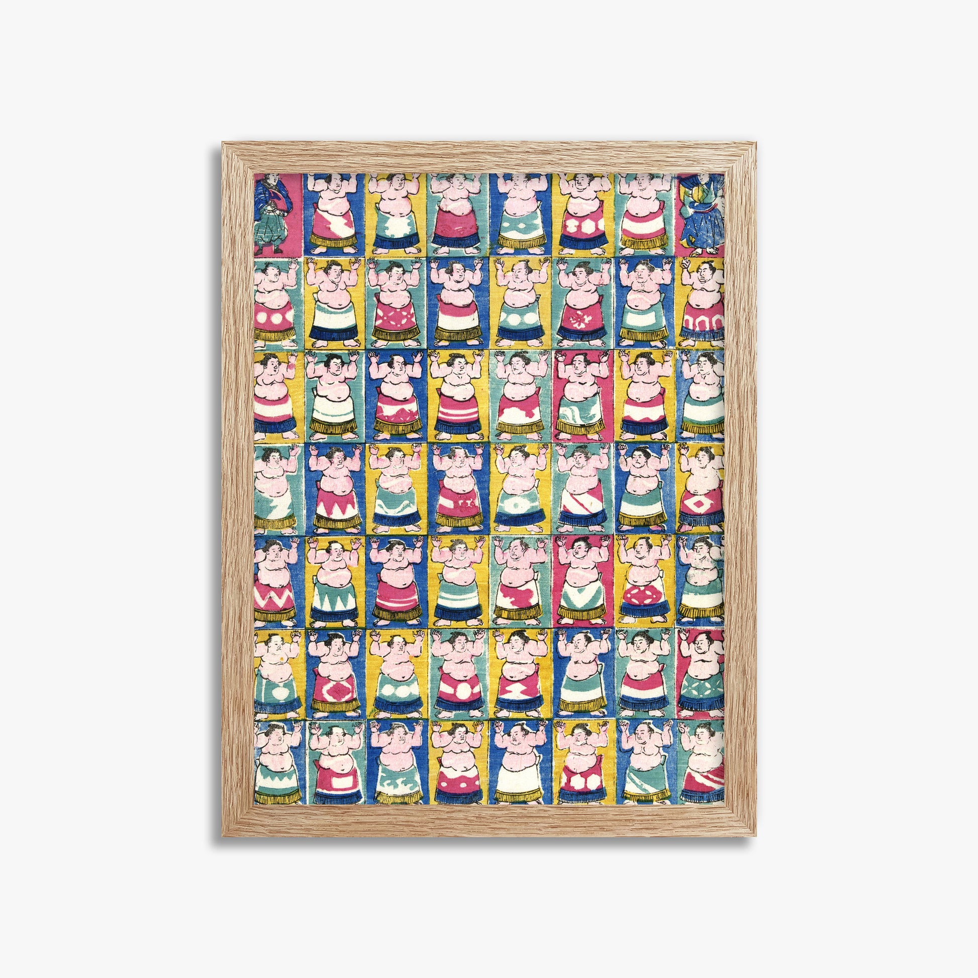 Utagawa Yoshikazu: Sumo Wrestlers, 30x40cm Framed Art Reproduction With Raw Oak Frame