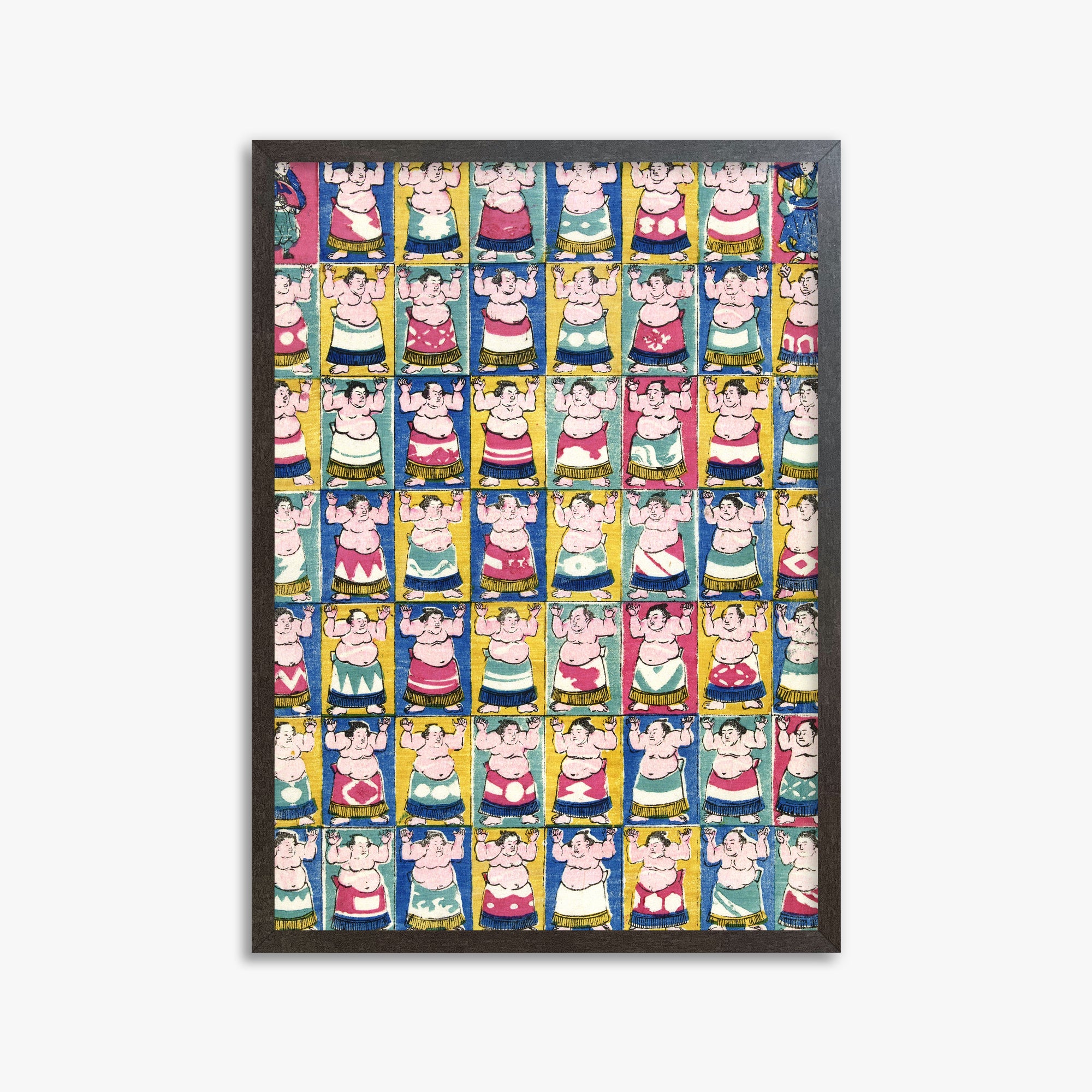 Utagawa Yoshikazu: Sumo Wrestlers, 50x70cm Framed Art Reproduction With Espresso Frame