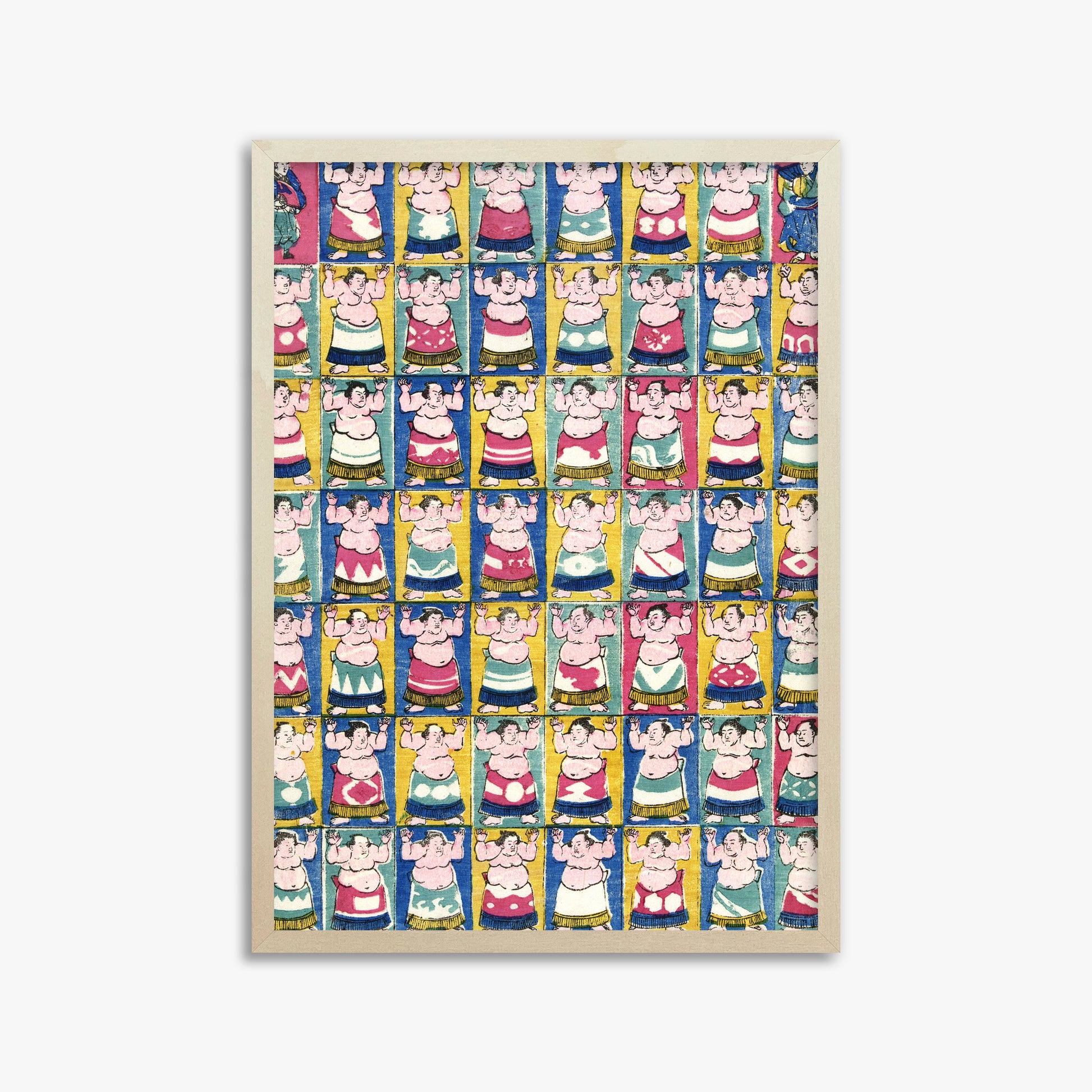 Utagawa Yoshikazu: Sumo Wrestlers, 50x70cm Framed Art Reproduction With Lime Wood Frame