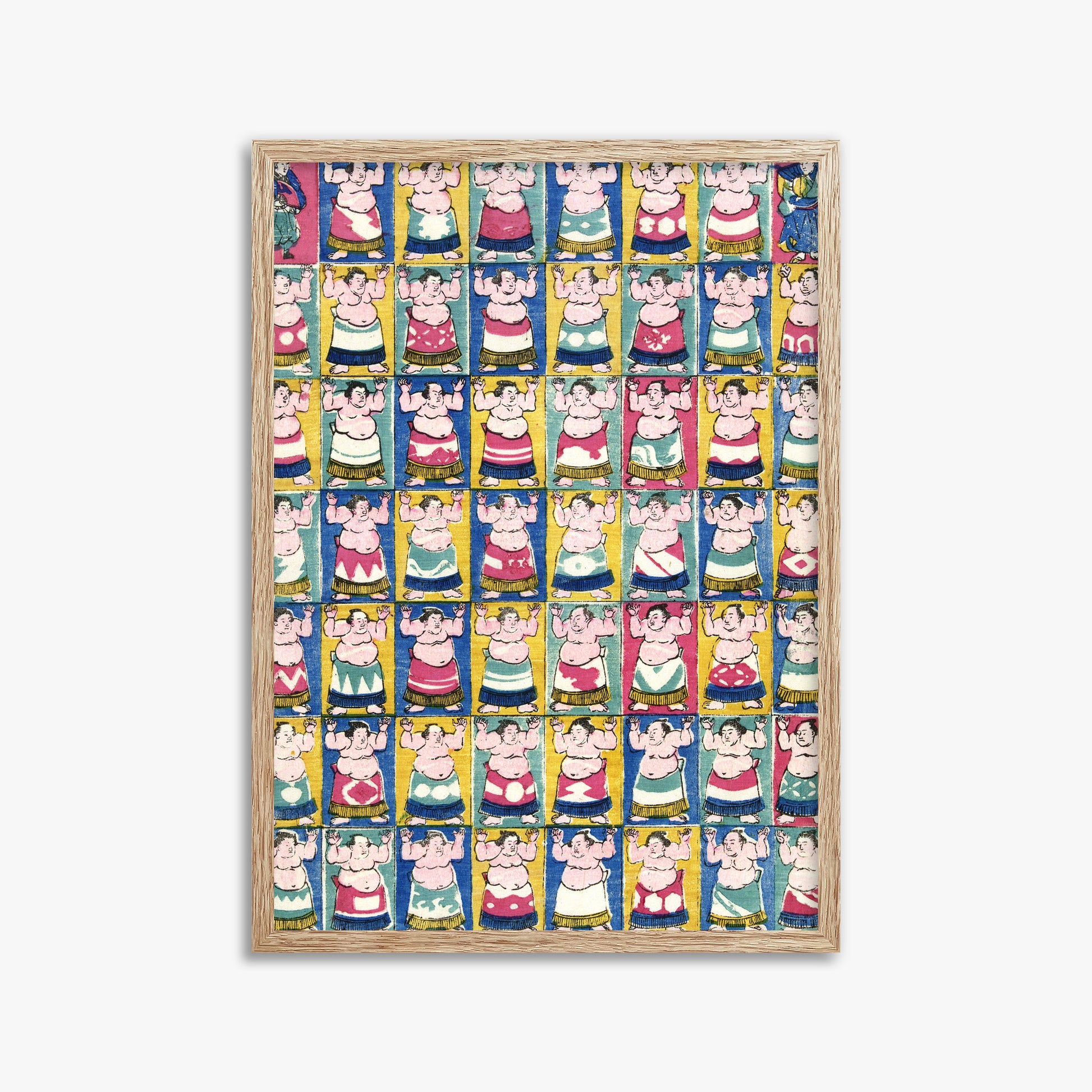 Utagawa Yoshikazu: Sumo Wrestlers, 50x70cm Framed Art Reproduction With Raw Oak Frame