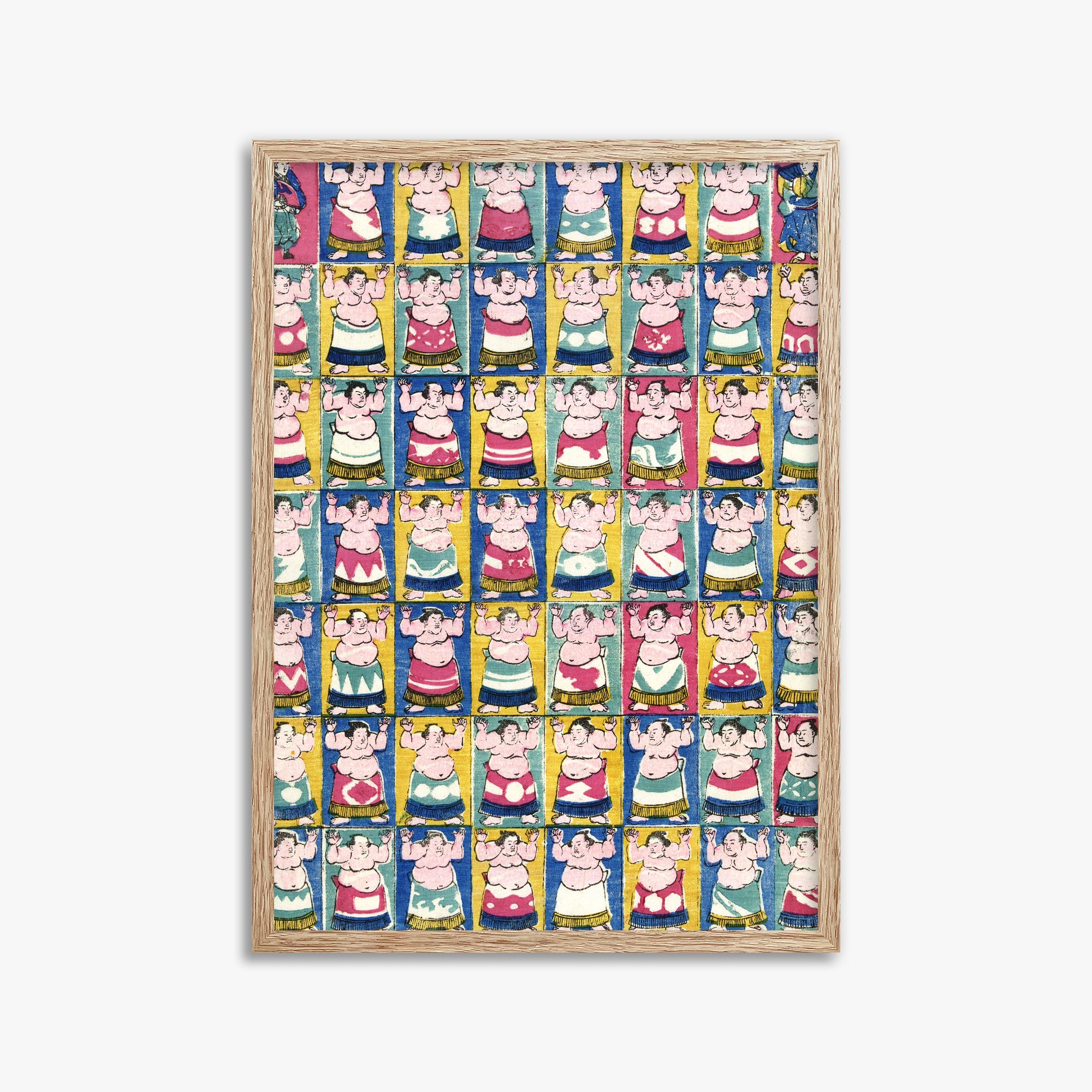 Utagawa Yoshikazu: Sumo Wrestlers, 50x70cm Framed Art Reproduction With Raw Oak Frame