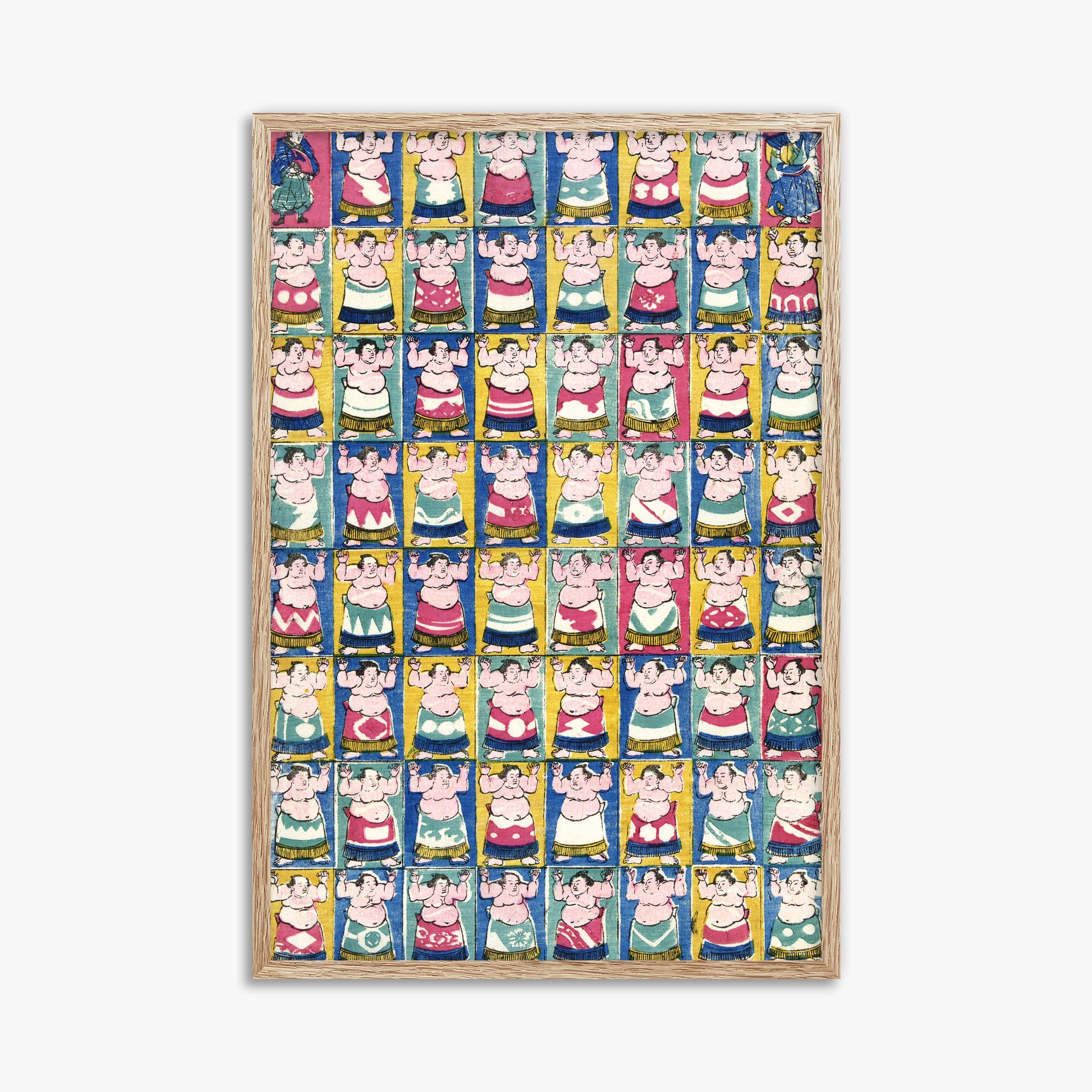 Utagawa Yoshikazu: Sumo Wrestlers, 61x91cm Framed Art Reproduction With Raw Oak Frame