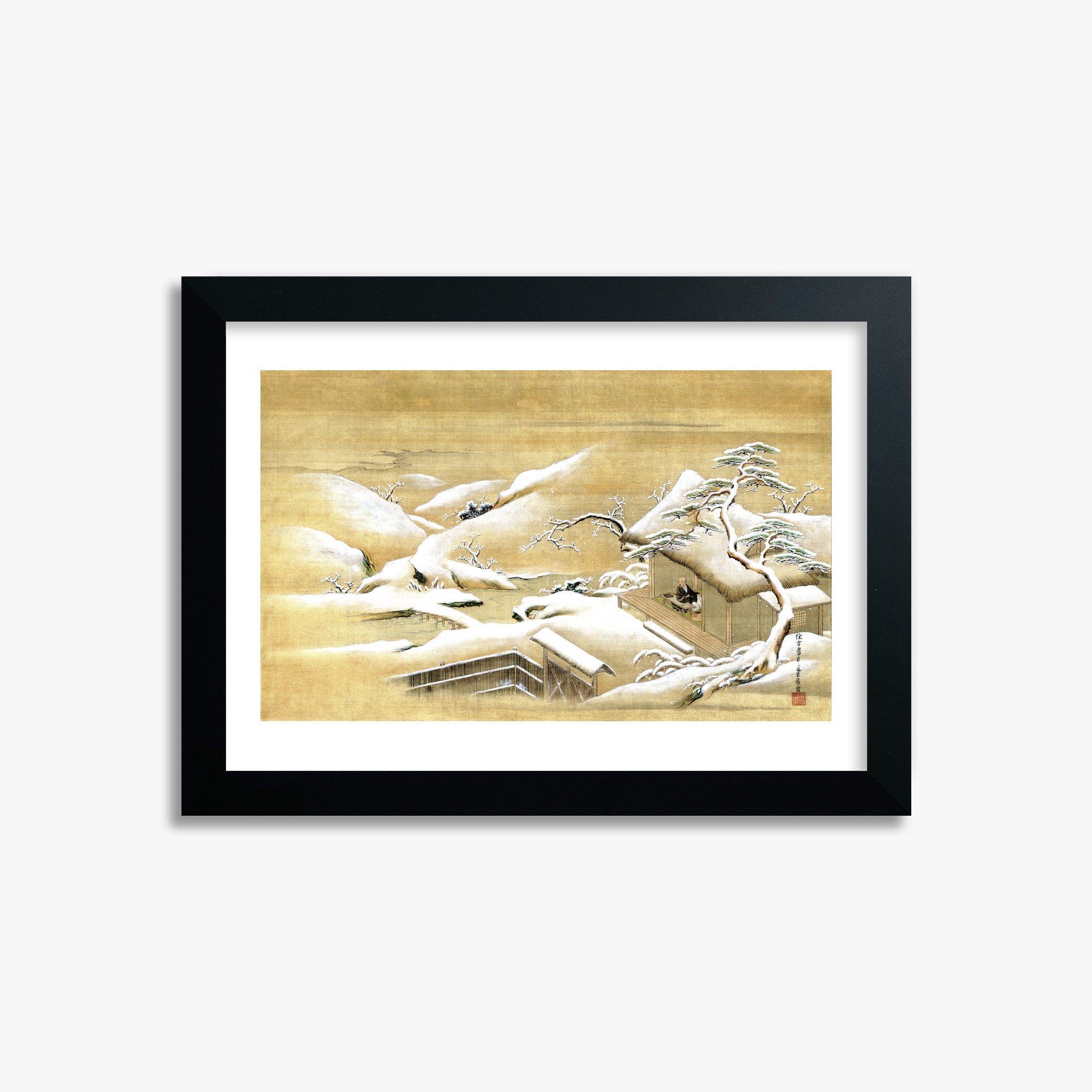 Itaya Keishū: Priest Looking Out into a Snow-covered Landscape, 21x30cm Framed Art Reproduction With Black Frame