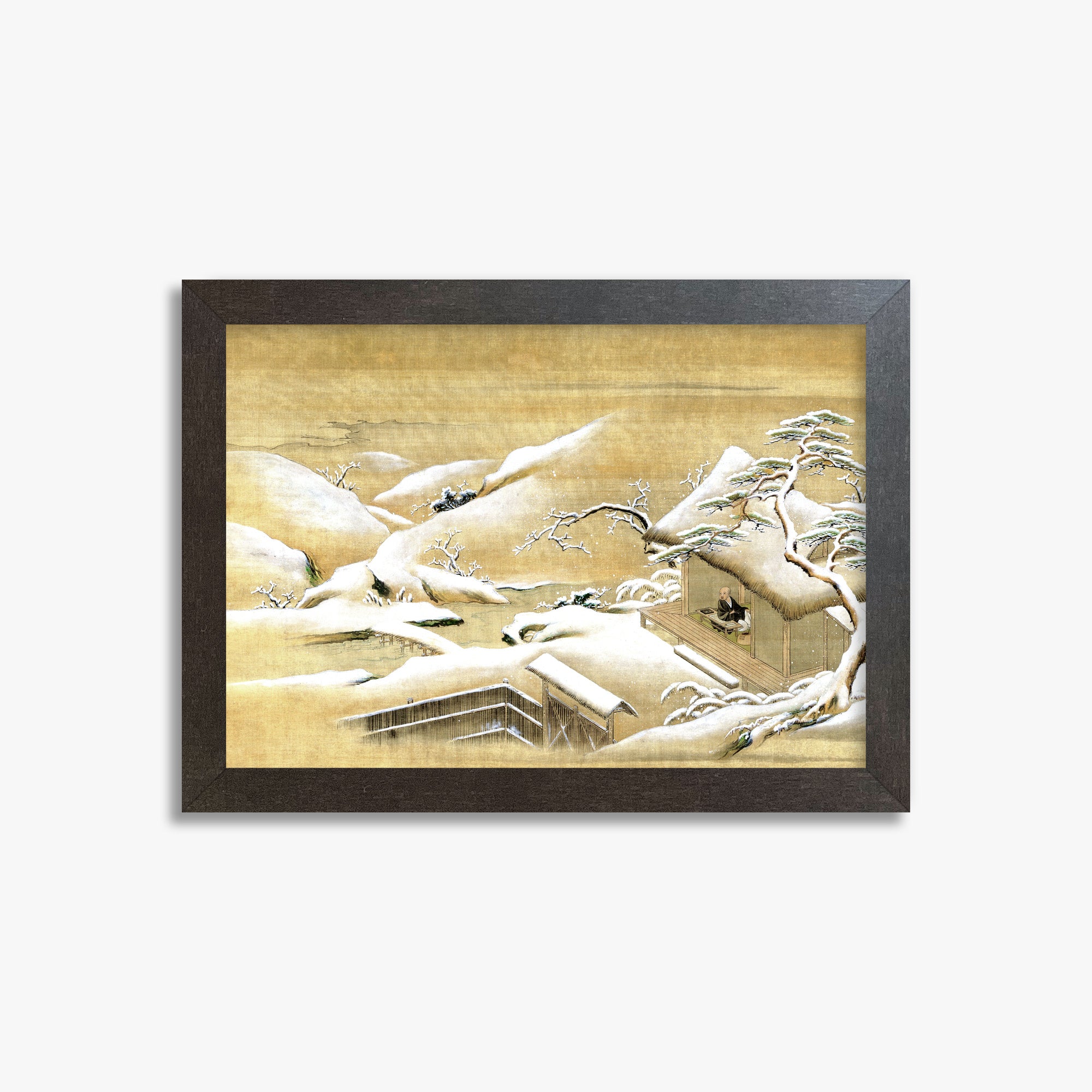 Itaya Keishū: Priest Looking Out into a Snow-covered Landscape, 21x30cm Framed Art Reproduction With Espresso Frame