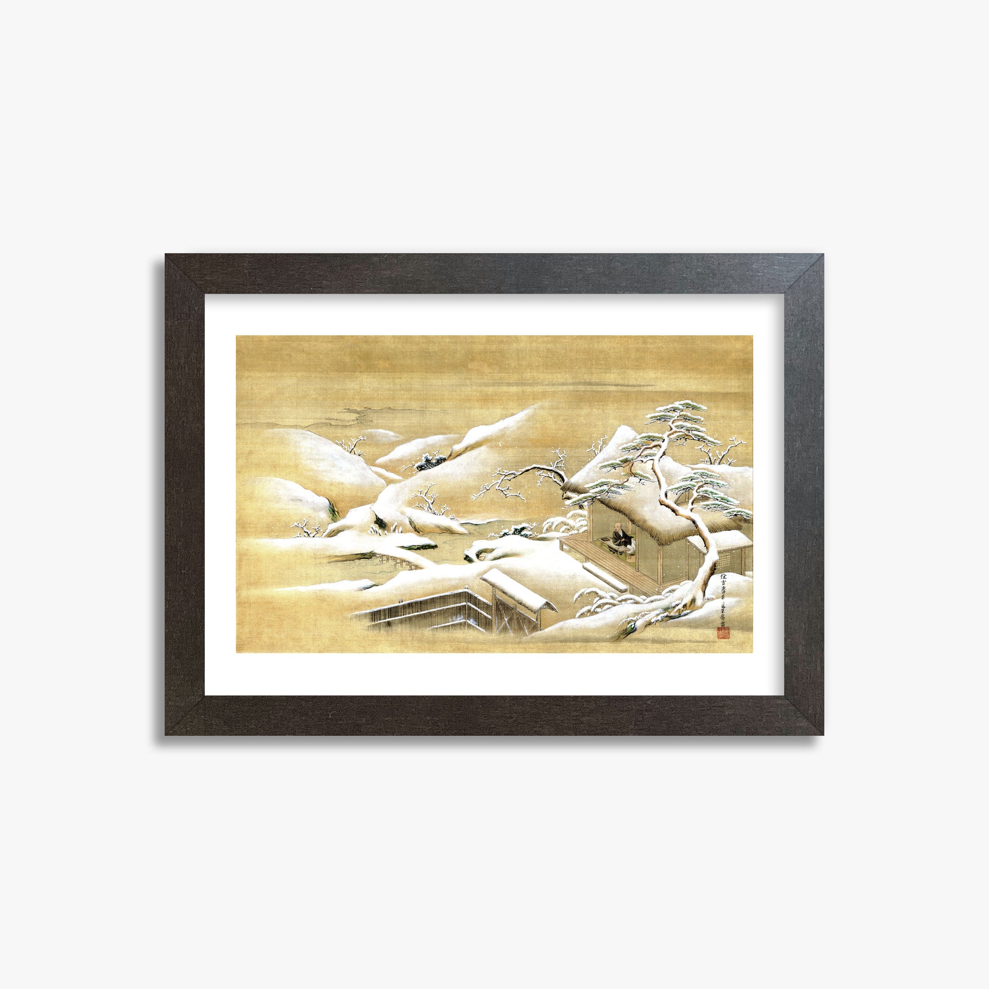 Itaya Keishū: Priest Looking Out into a Snow-covered Landscape, 21x30cm Framed Art Reproduction With Espresso Frame