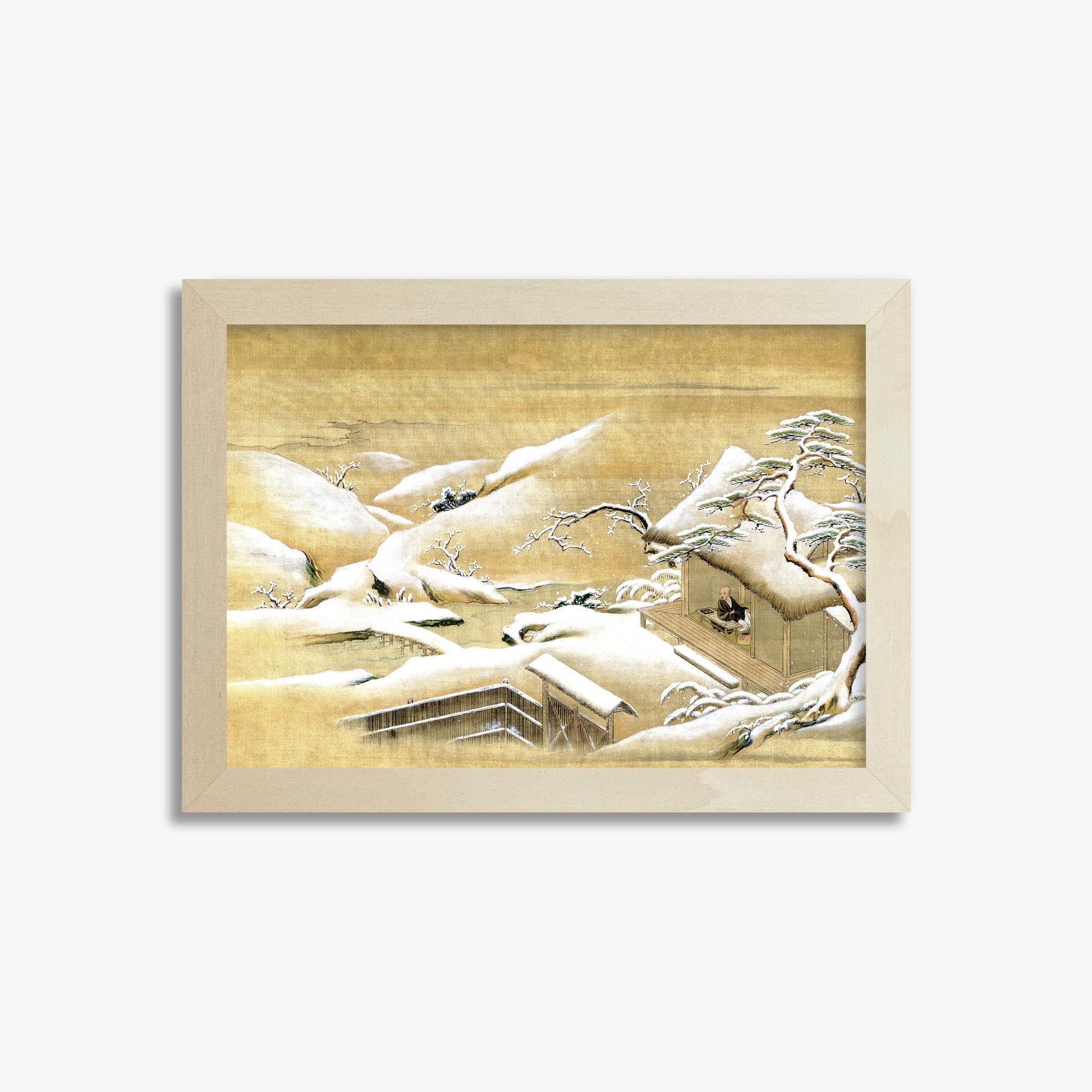 Itaya Keishū: Priest Looking Out into a Snow-covered Landscape, 21x30cm Framed Art Reproduction With Lime Wood Frame