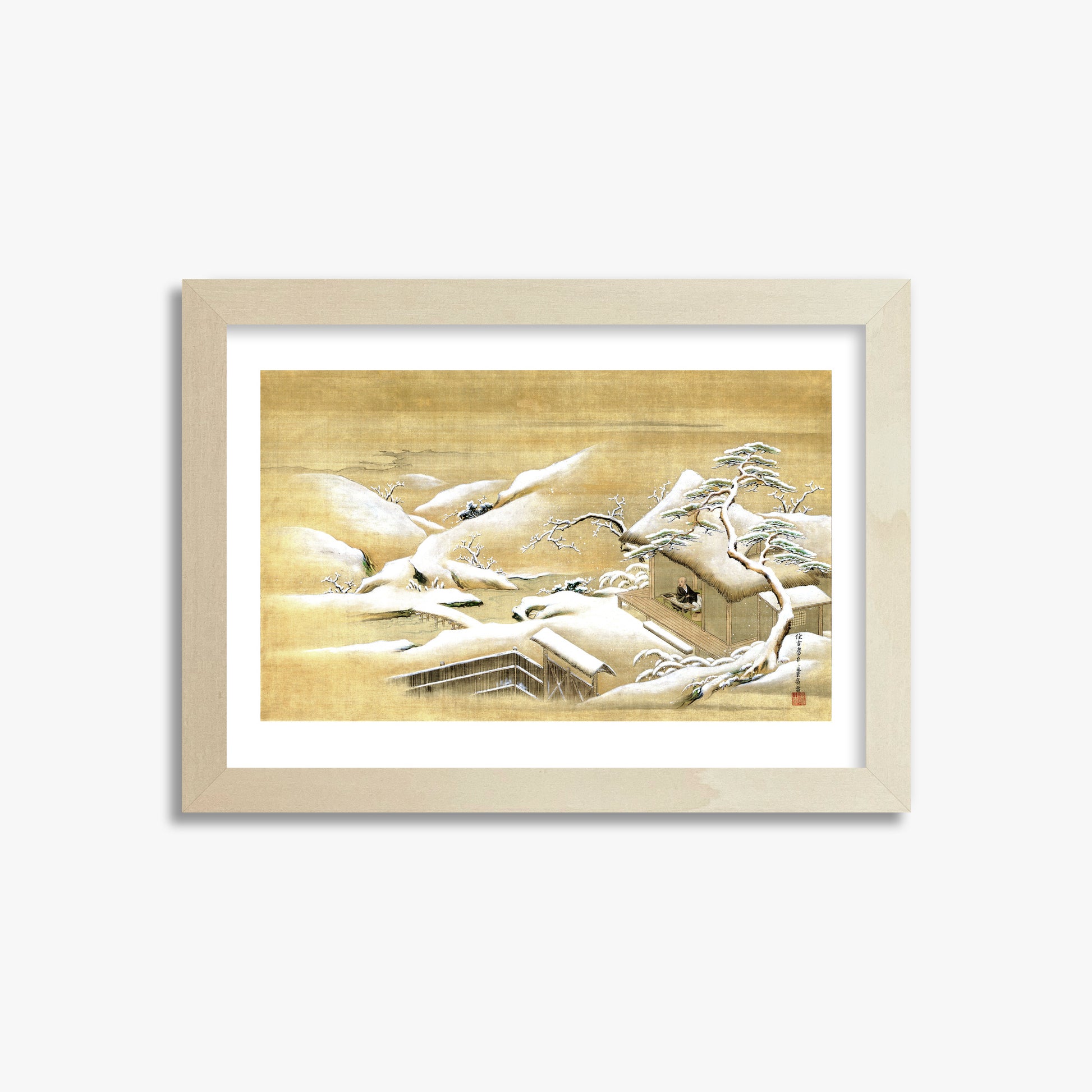 Itaya Keishū: Priest Looking Out into a Snow-covered Landscape, 21x30cm Framed Art Reproduction With Lime Wood Frame