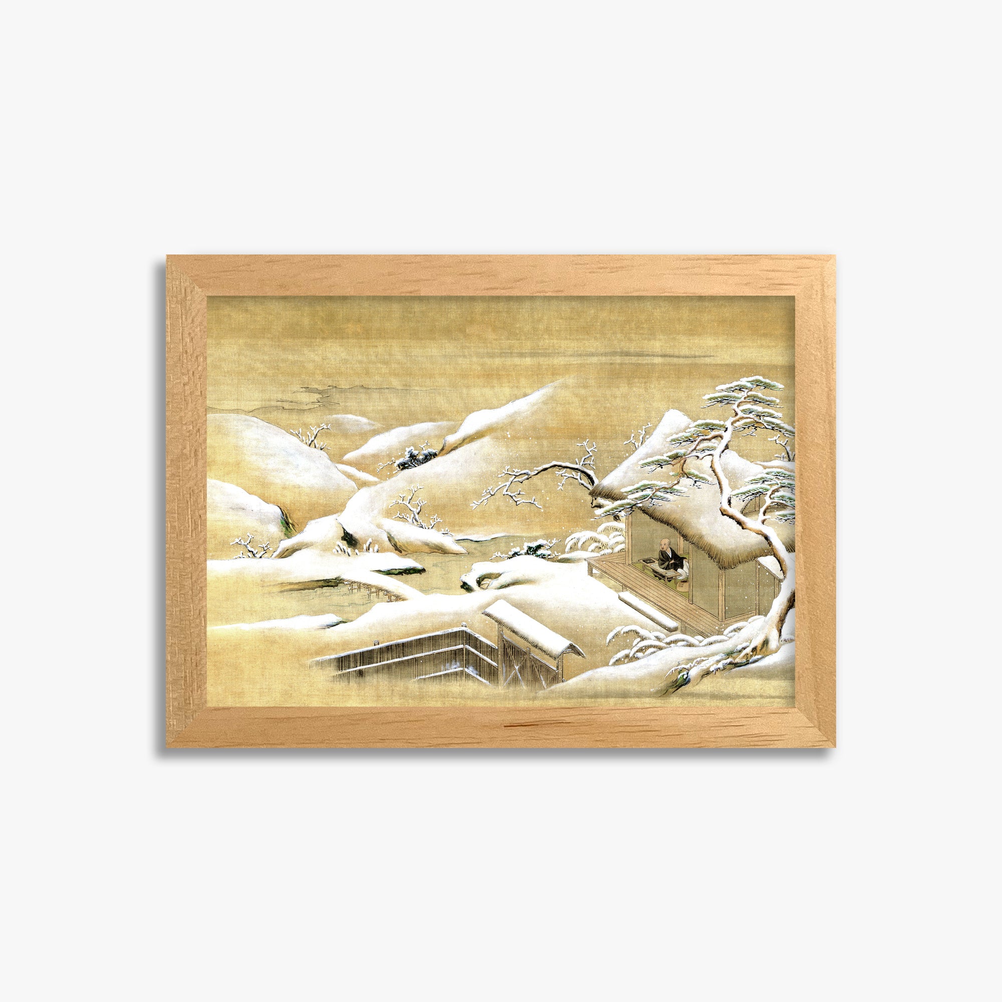 Itaya Keishū: Priest Looking Out into a Snow-covered Landscape, 21x30cm Framed Art Reproduction With Oak Frame