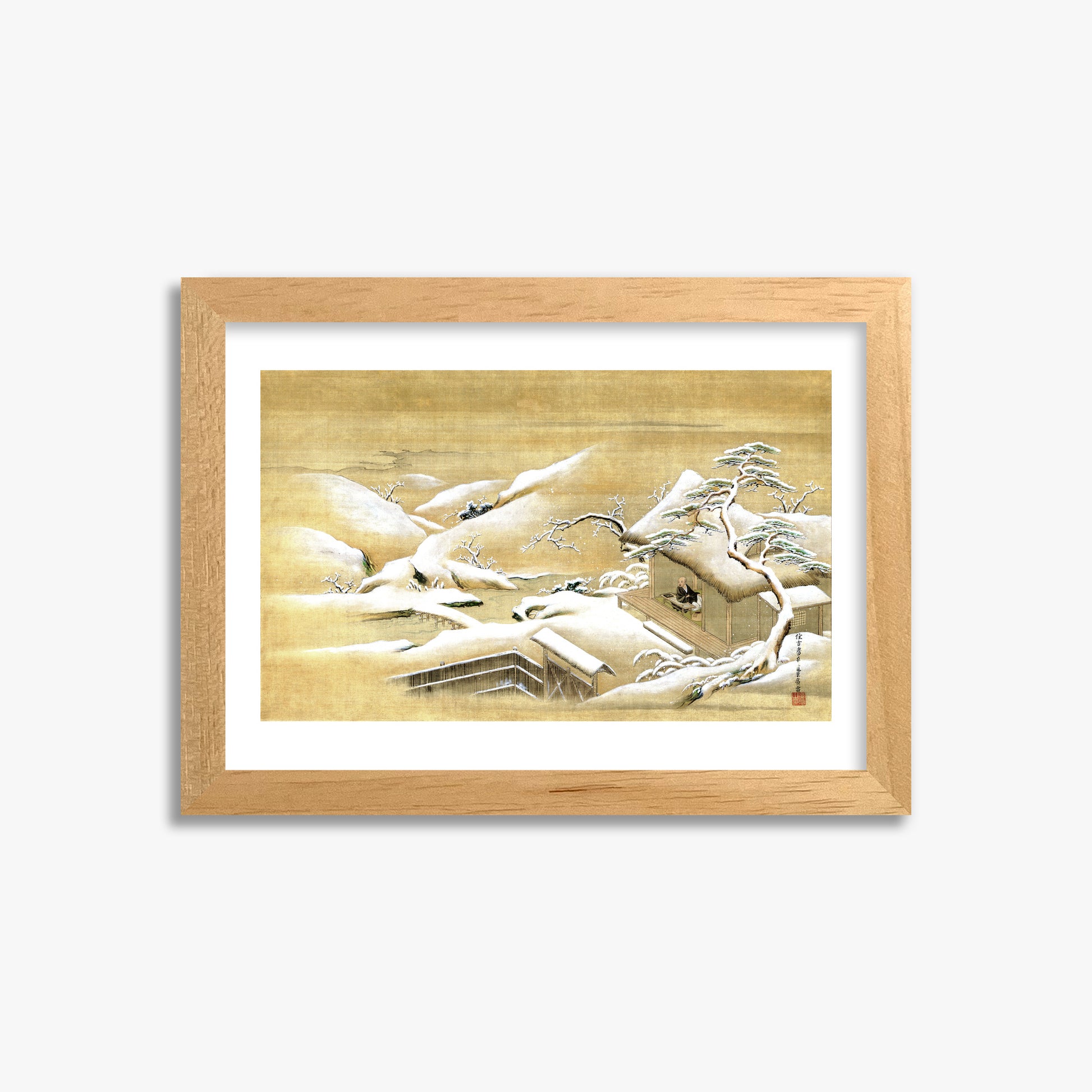 Itaya Keishū: Priest Looking Out into a Snow-covered Landscape, 21x30cm Framed Art Reproduction With Oak Frame