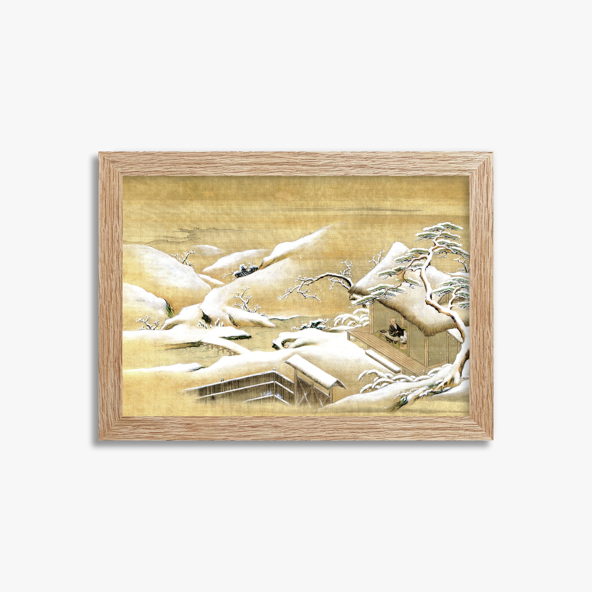 Itaya Keishū: Priest Looking Out into a Snow-covered Landscape, 21x30cm Framed Art Reproduction With Raw Oak Frame