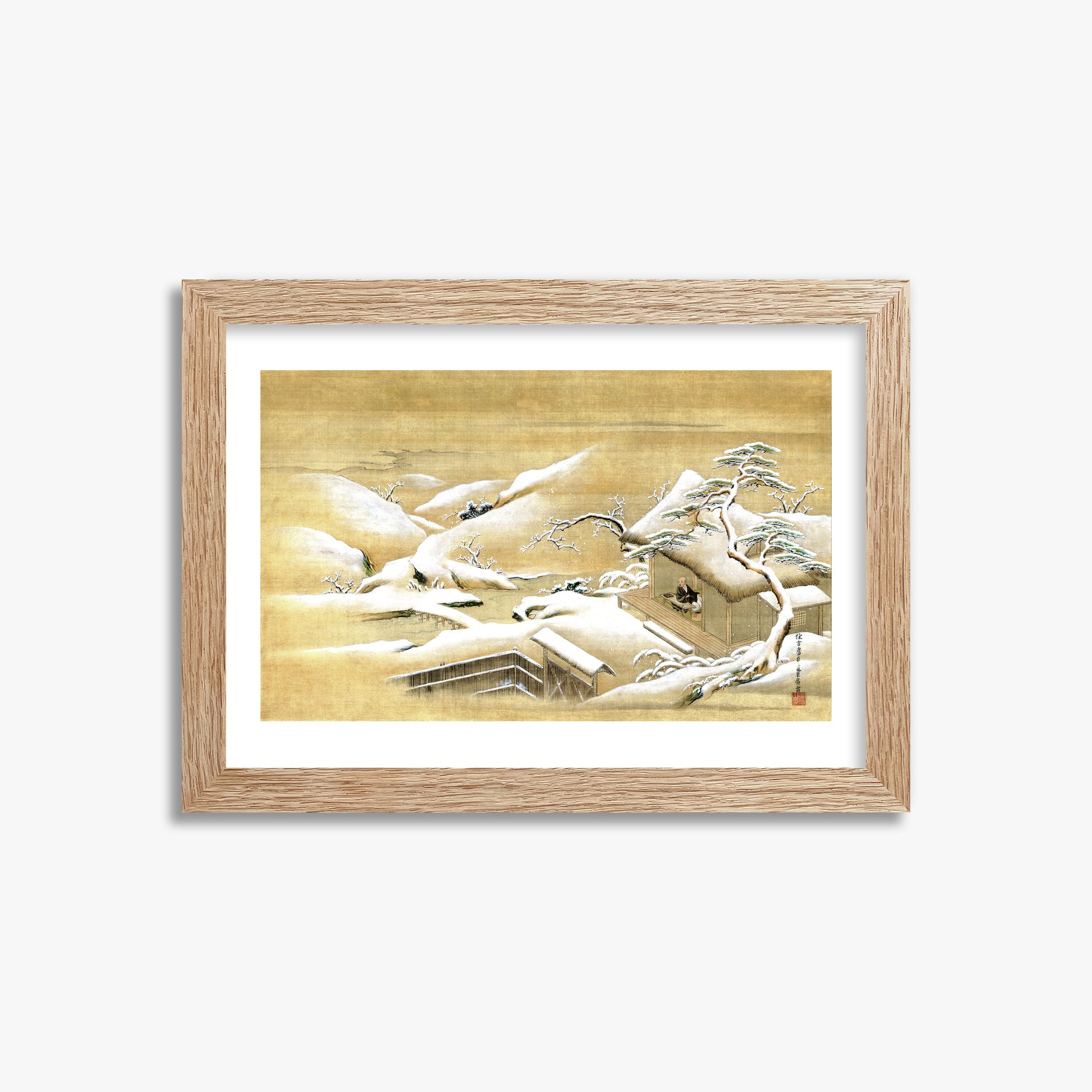 Itaya Keishū: Priest Looking Out into a Snow-covered Landscape, 21x30cm Framed Art Reproduction With Raw Oak Frame