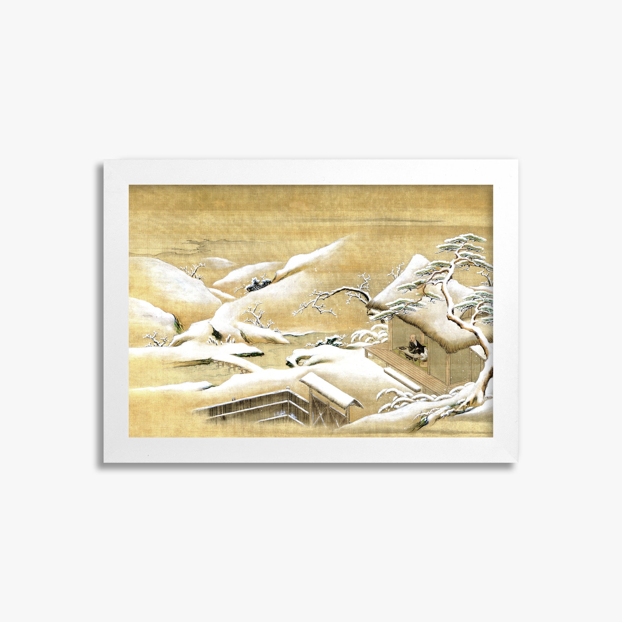 Itaya Keishū: Priest Looking Out into a Snow-covered Landscape, 21x30cm Framed Art Reproduction With White Frame