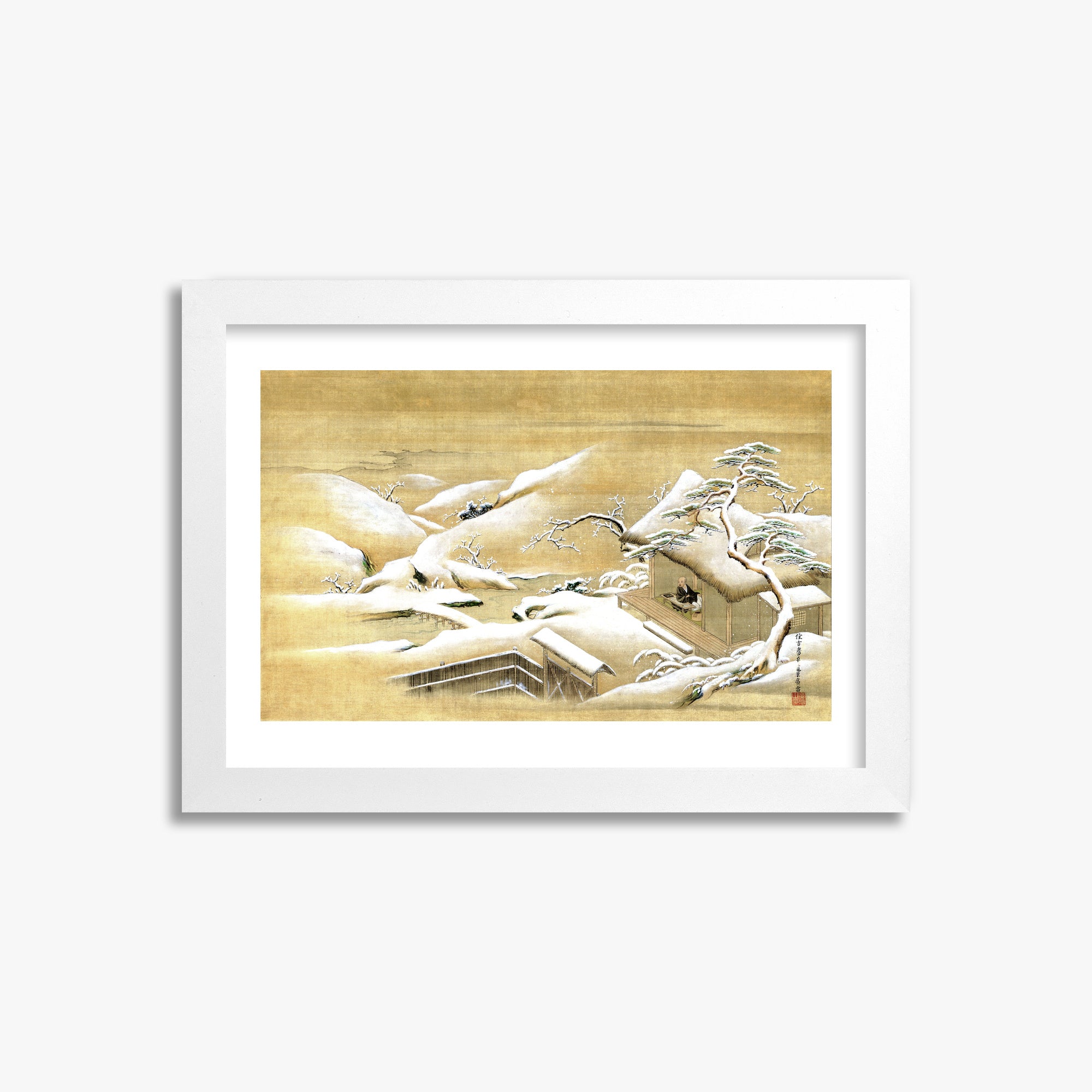 Itaya Keishū: Priest Looking Out into a Snow-covered Landscape, 21x30cm Framed Art Reproduction With White Frame