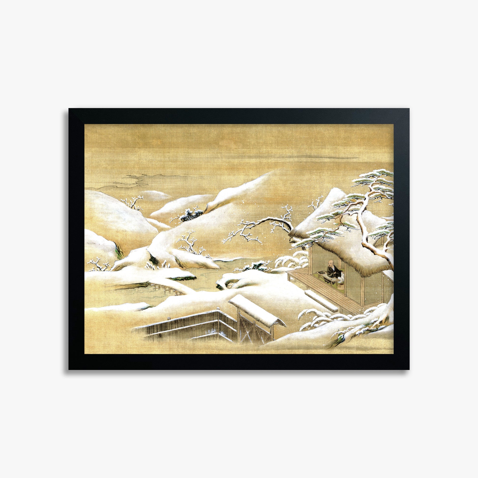 Itaya Keishū: Priest Looking Out into a Snow-covered Landscape, 30x40cm Framed Art Reproduction With Black Frame