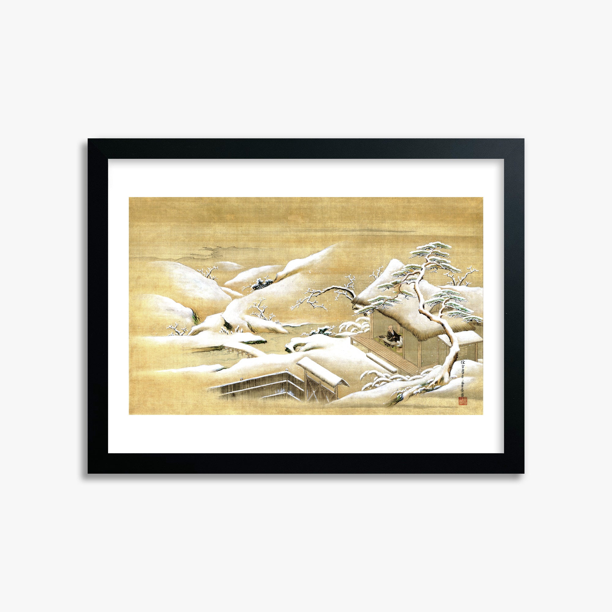 Itaya Keishū: Priest Looking Out into a Snow-covered Landscape, 30x40cm Framed Art Reproduction With Black Frame
