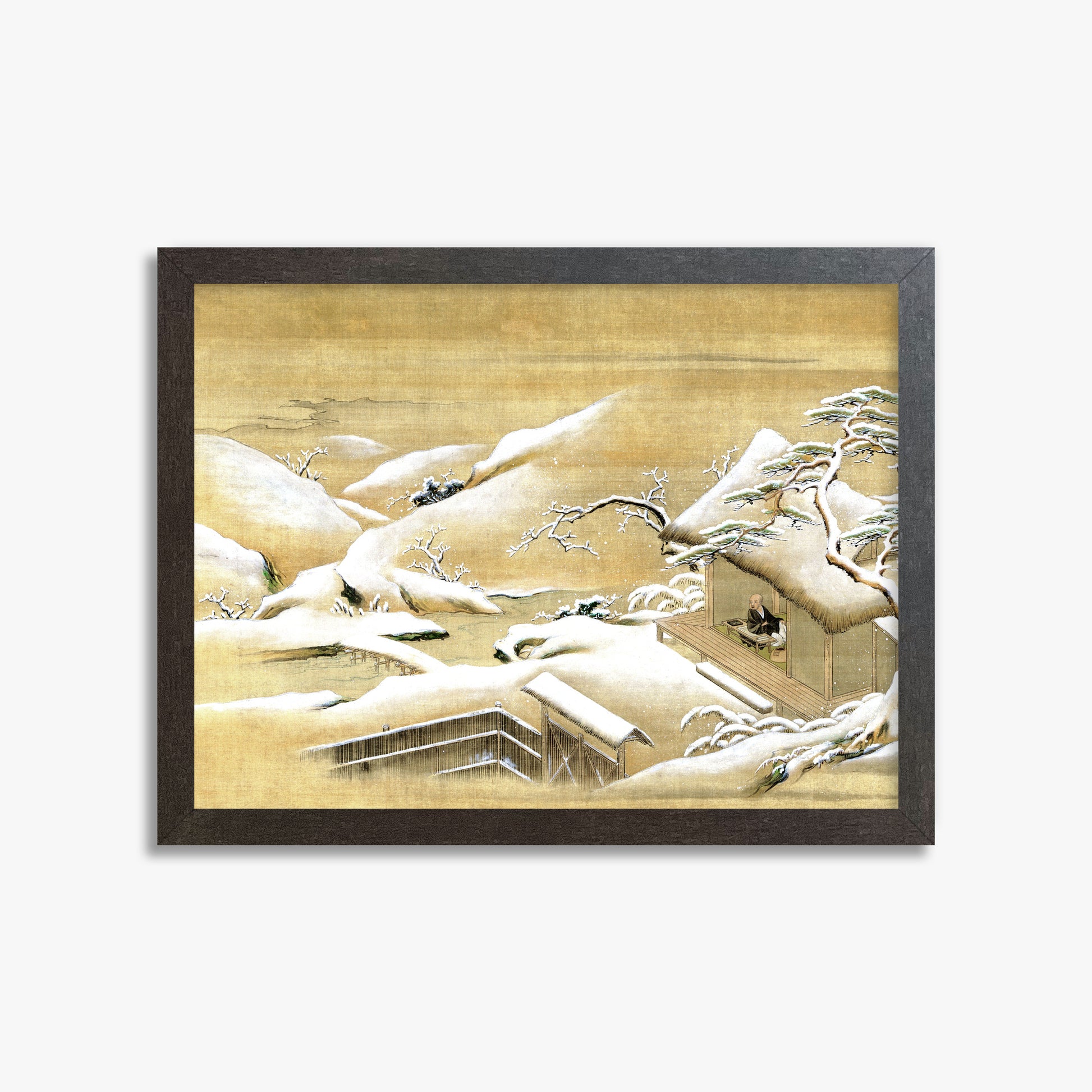 Itaya Keishū: Priest Looking Out into a Snow-covered Landscape, 30x40cm Framed Art Reproduction With Espresso Frame