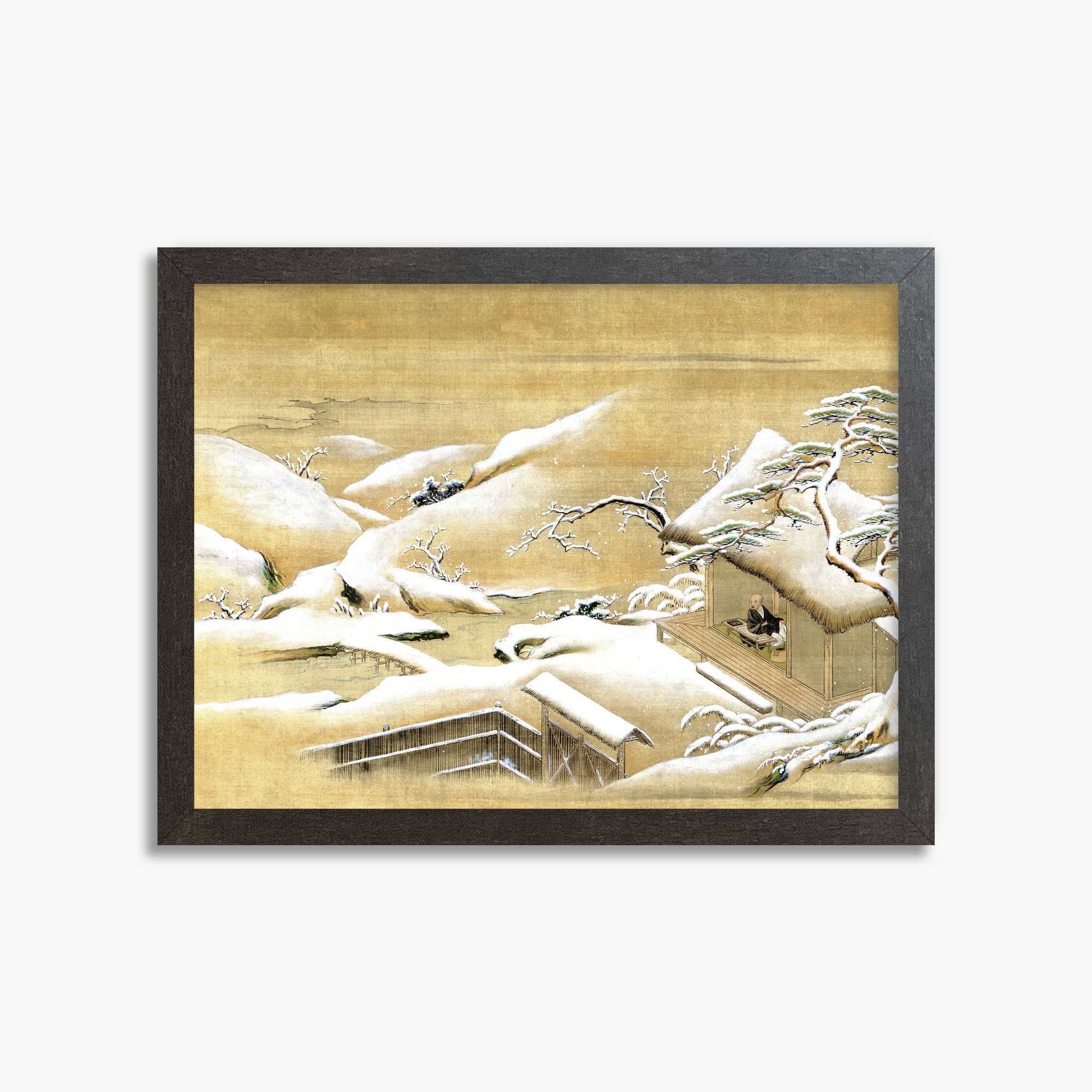 Itaya Keishū: Priest Looking Out into a Snow-covered Landscape, 30x40cm Framed Art Reproduction With Espresso Frame