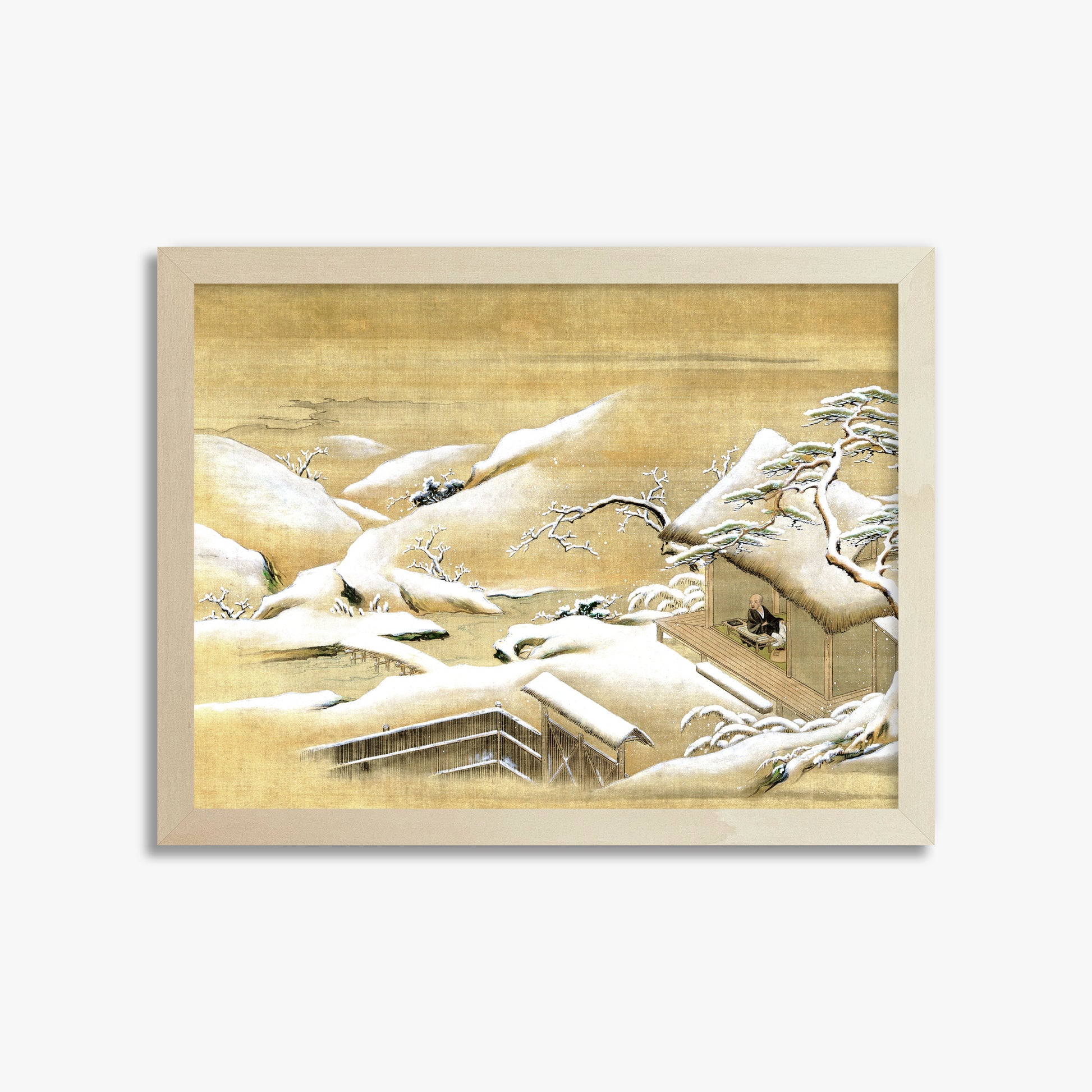 Itaya Keishū: Priest Looking Out into a Snow-covered Landscape, 30x40cm Framed Art Reproduction With Lime Wood Frame