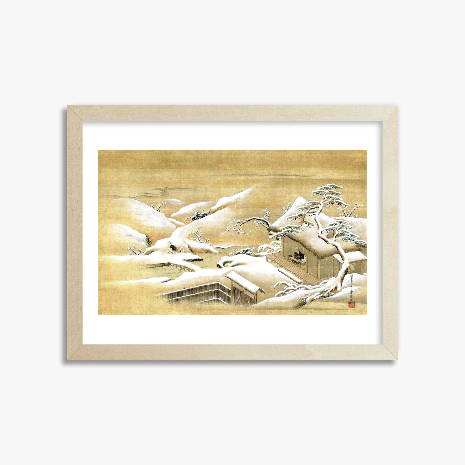 Itaya Keishū: Priest Looking Out into a Snow-covered Landscape, 30x40cm Framed Art Reproduction With Lime Wood Frame