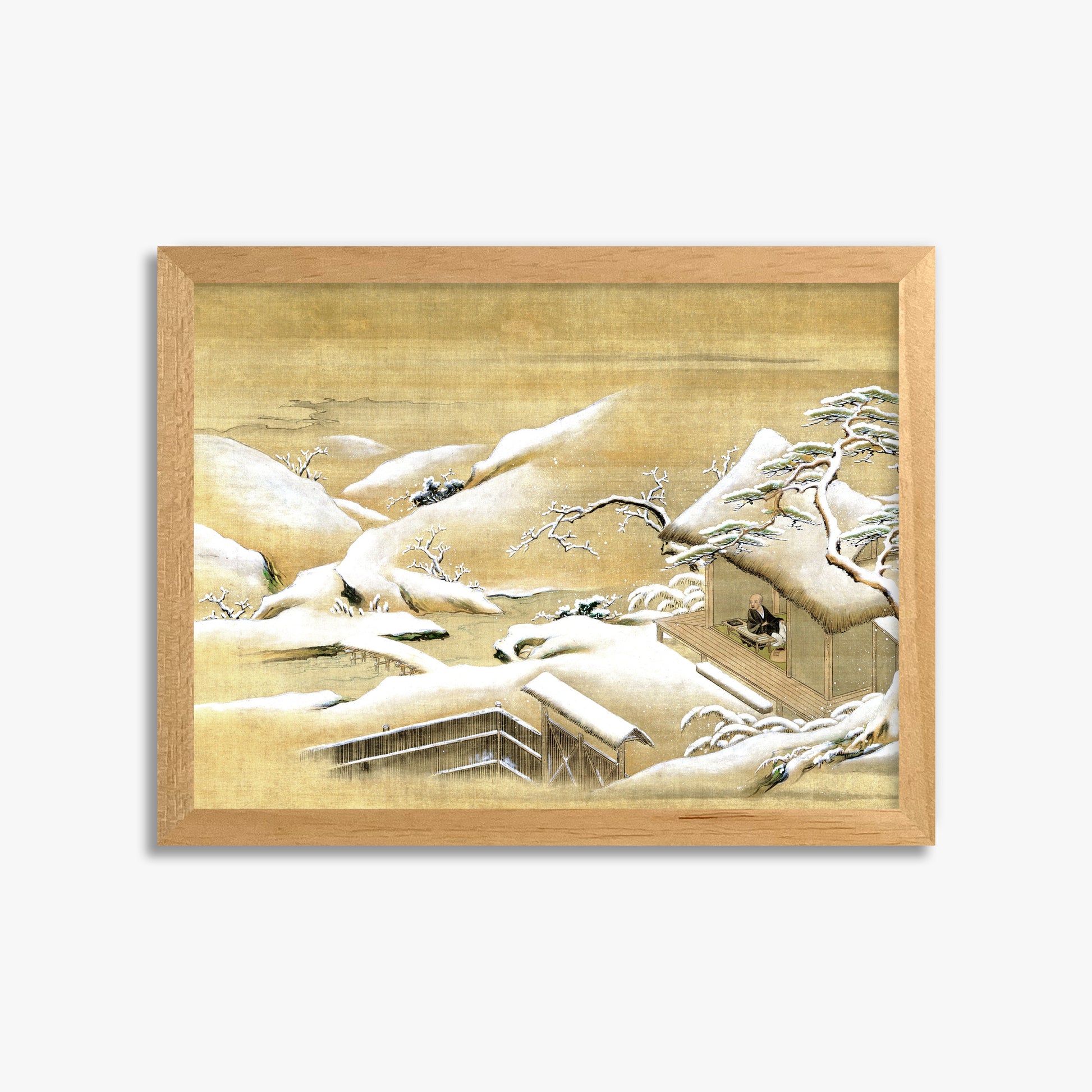 Itaya Keishū: Priest Looking Out into a Snow-covered Landscape, 30x40cm Framed Art Reproduction With Oak Frame