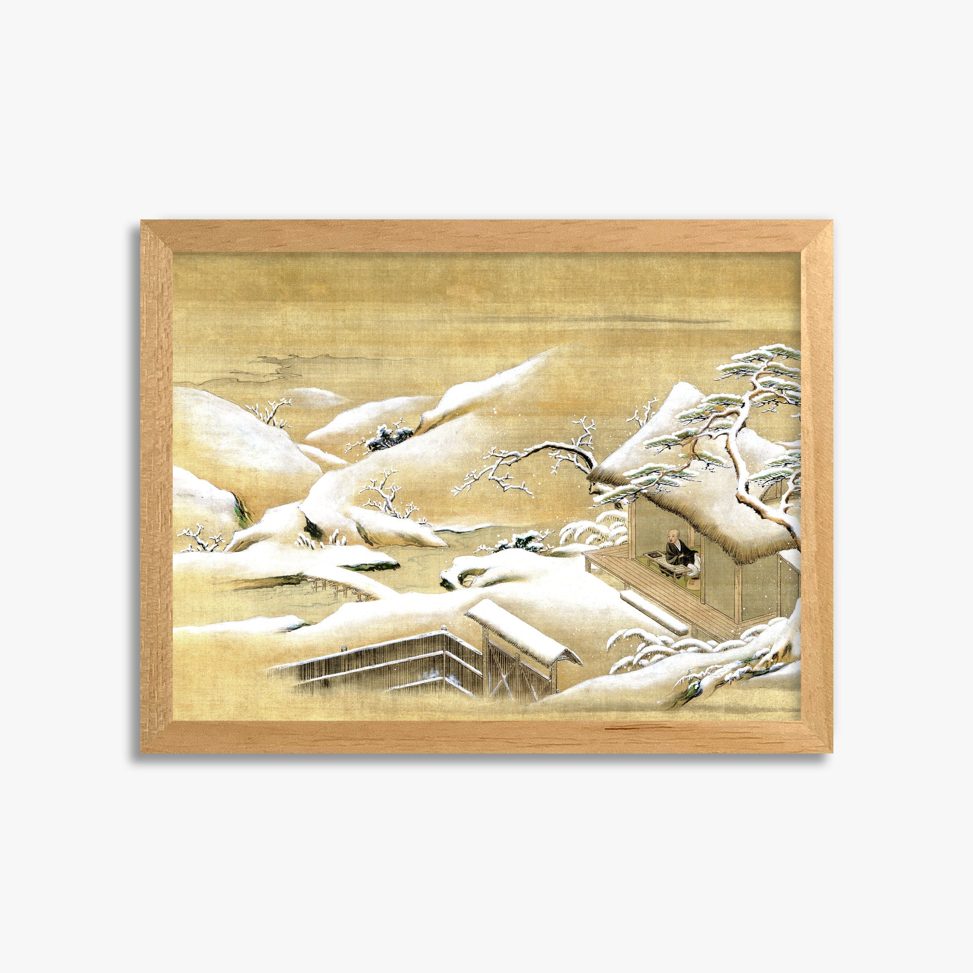 Itaya Keishū: Priest Looking Out into a Snow-covered Landscape, 30x40cm Framed Art Reproduction With Oak Frame