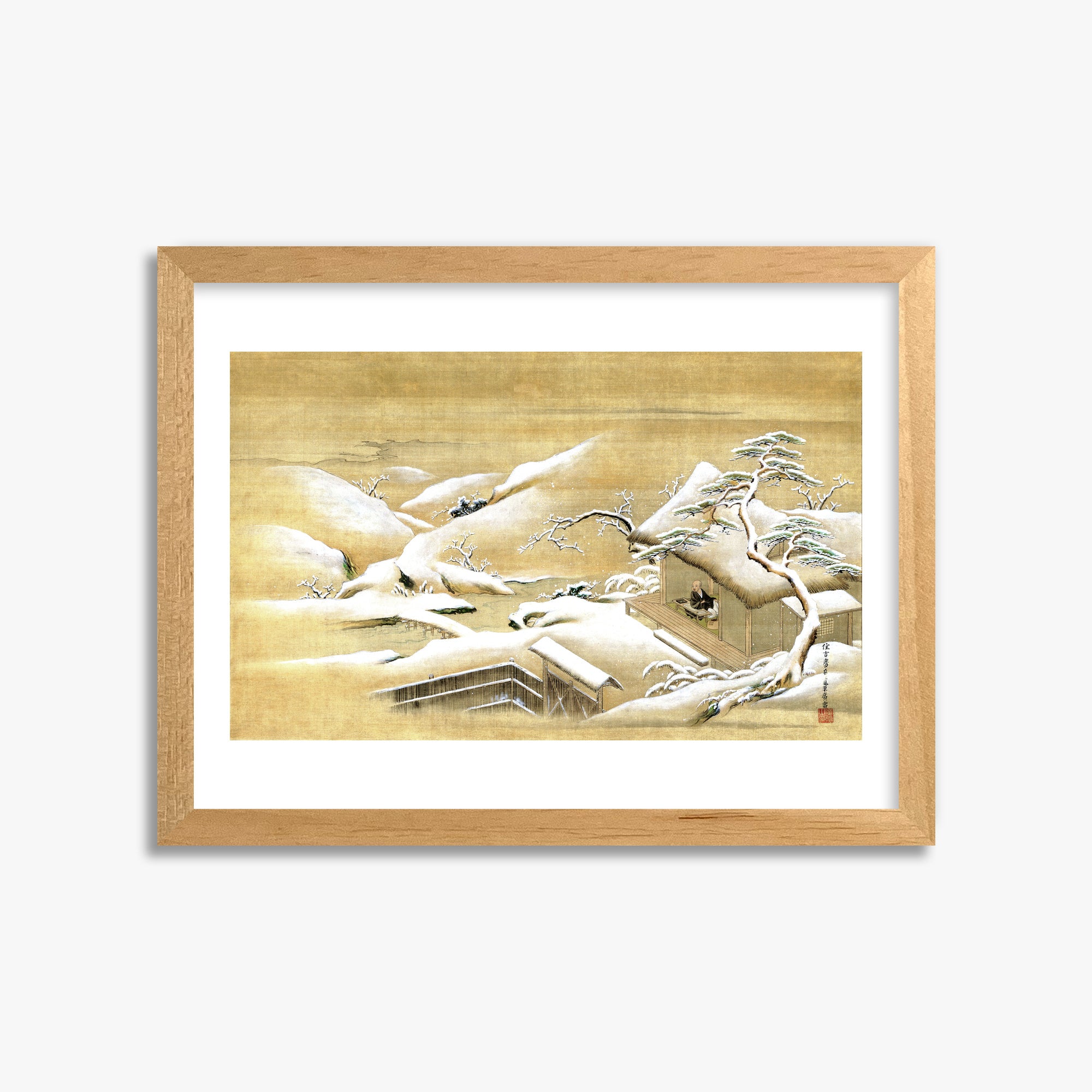 Itaya Keishū: Priest Looking Out into a Snow-covered Landscape, 30x40cm Framed Art Reproduction With Oak Frame