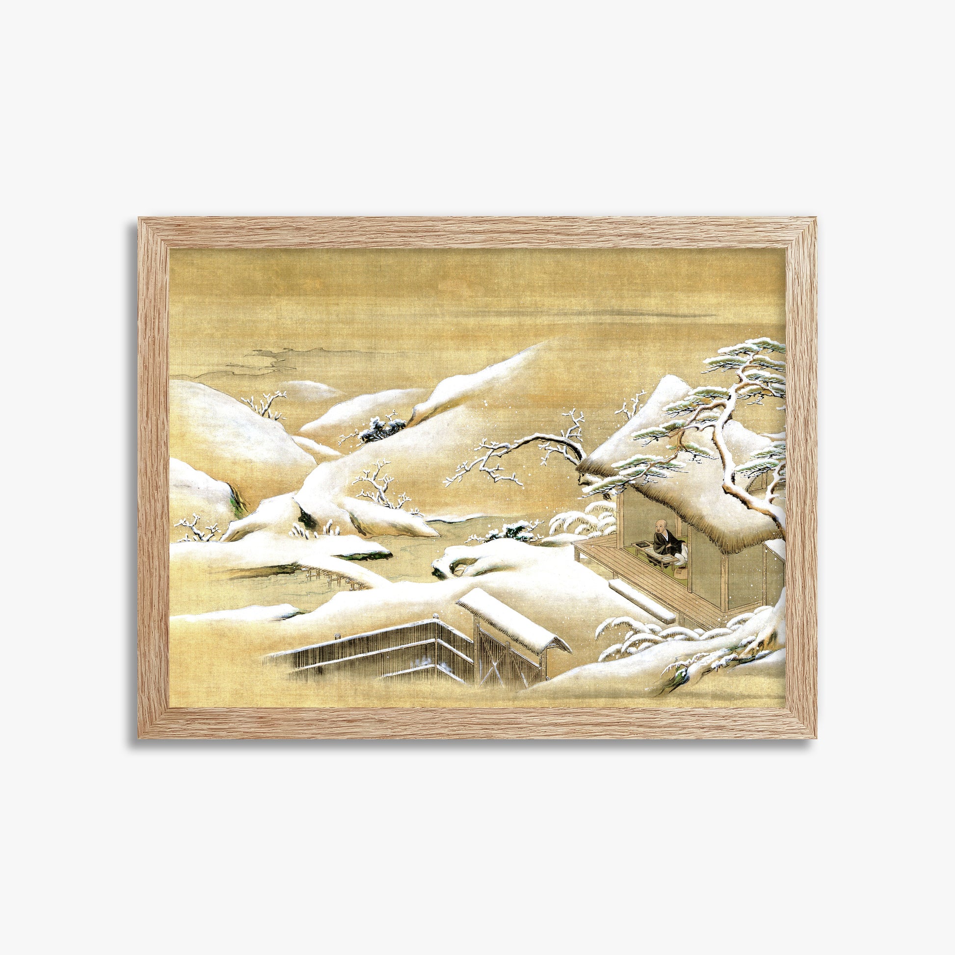 Itaya Keishū: Priest Looking Out into a Snow-covered Landscape, 30x40cm Framed Art Reproduction With Raw Oak Frame