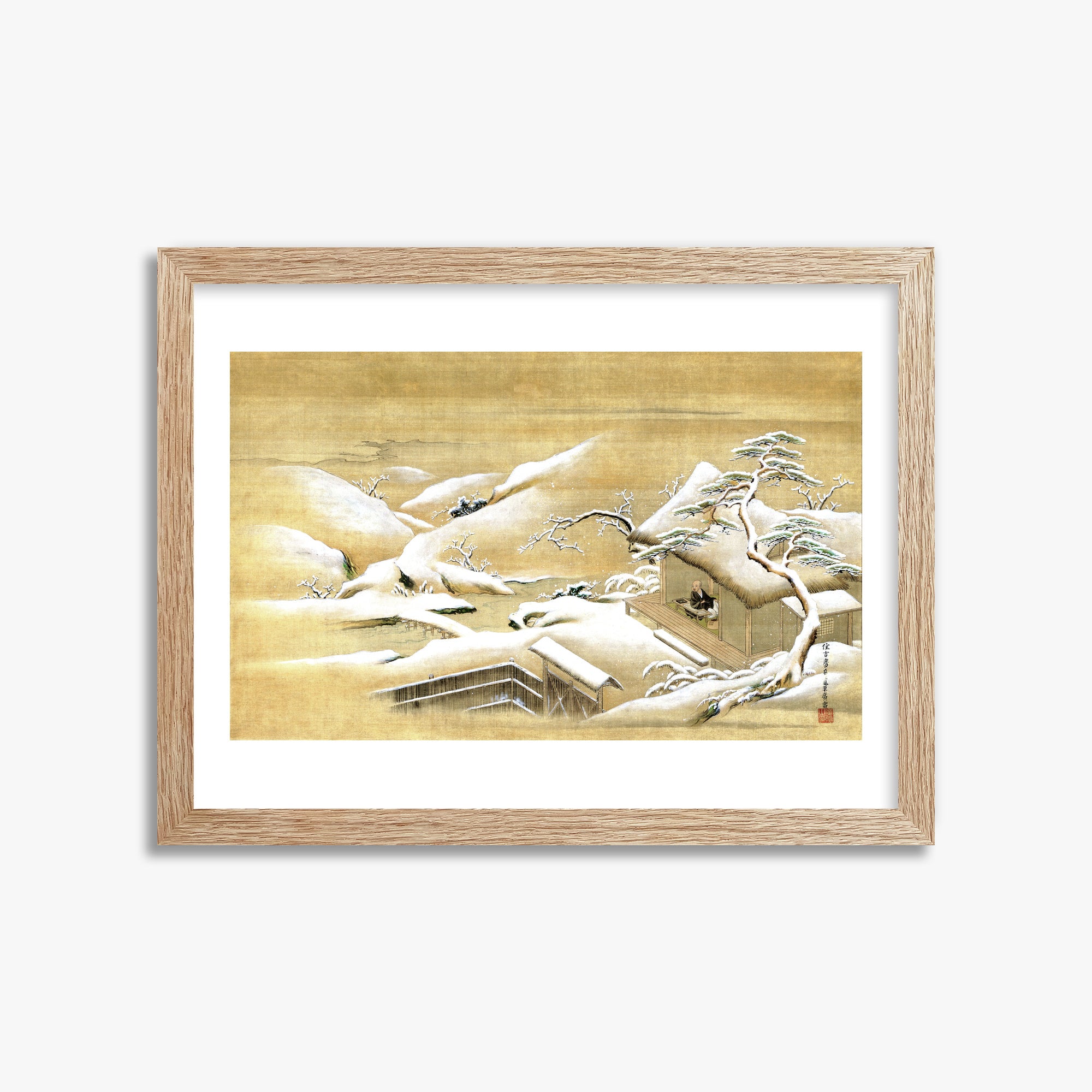 Itaya Keishū: Priest Looking Out into a Snow-covered Landscape, 30x40cm Framed Art Reproduction With Raw Oak Frame