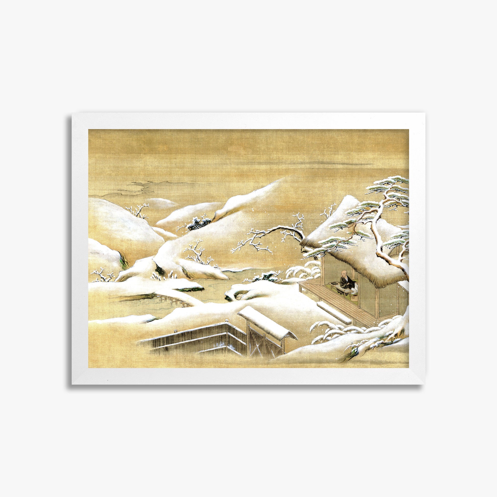 Itaya Keishū: Priest Looking Out into a Snow-covered Landscape, 30x40cm Framed Art Reproduction With White Frame