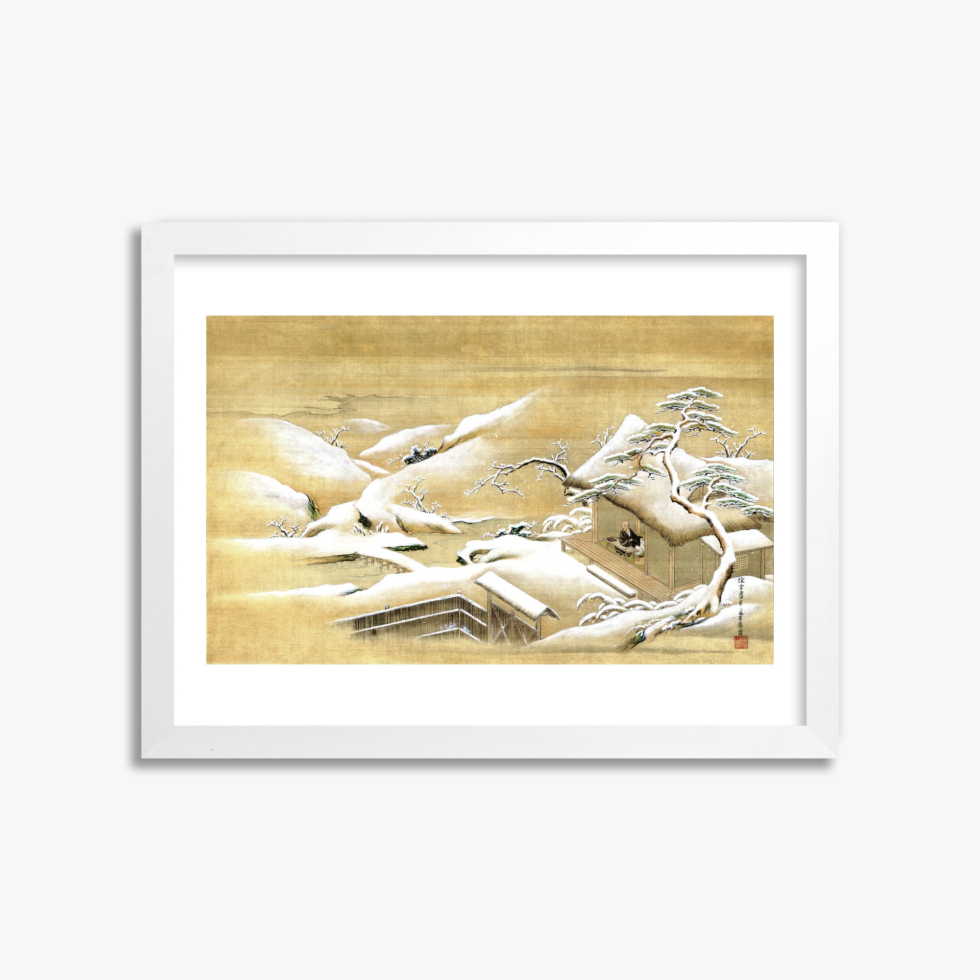 Itaya Keishū: Priest Looking Out into a Snow-covered Landscape, 30x40cm Framed Art Reproduction With White Frame