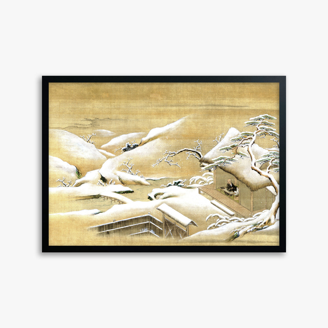Itaya Keishū: Priest Looking Out into a Snow-covered Landscape, 50x70cm Framed Art Reproduction With Black Frame