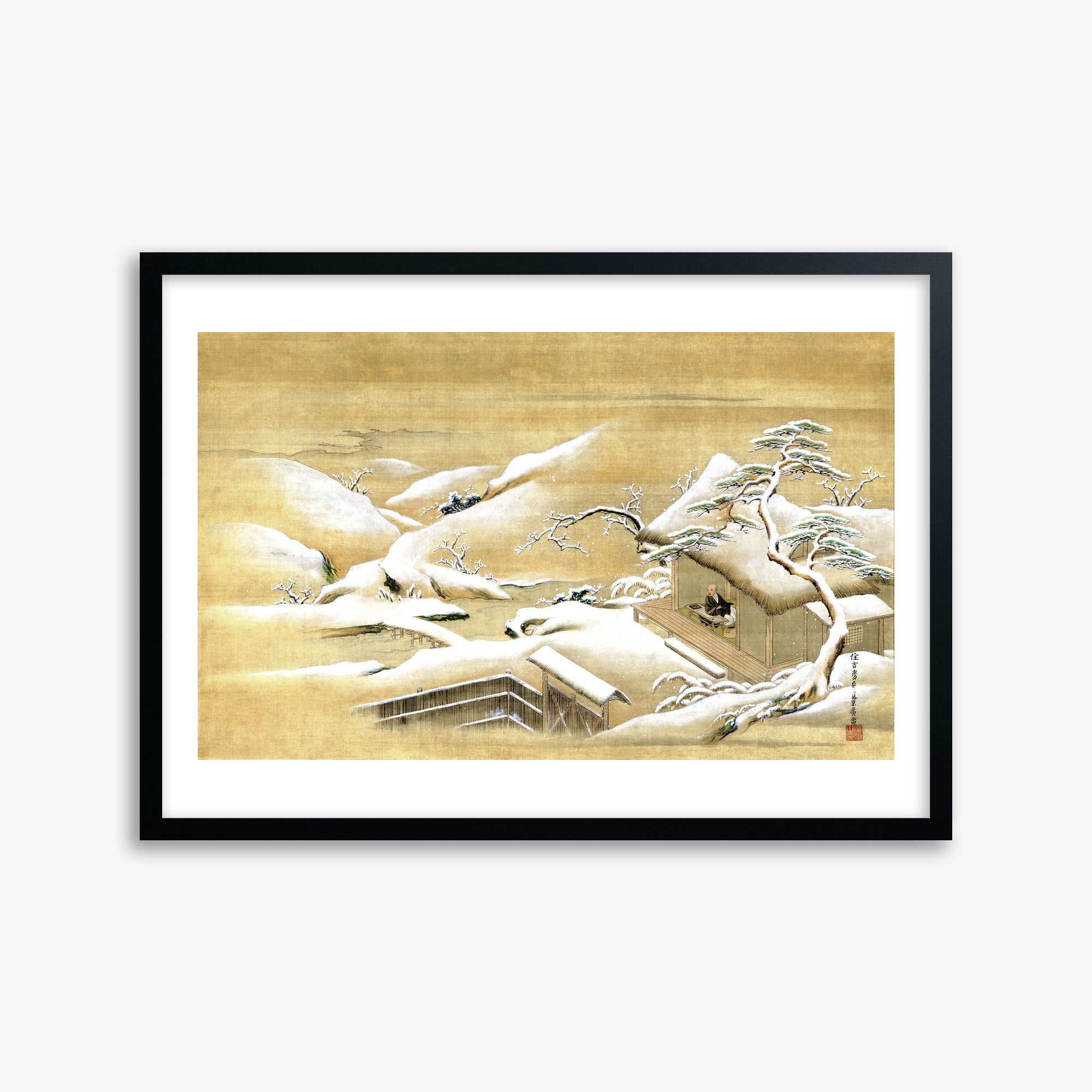 Itaya Keishū: Priest Looking Out into a Snow-covered Landscape, 50x70cm Framed Art Reproduction With Black Frame