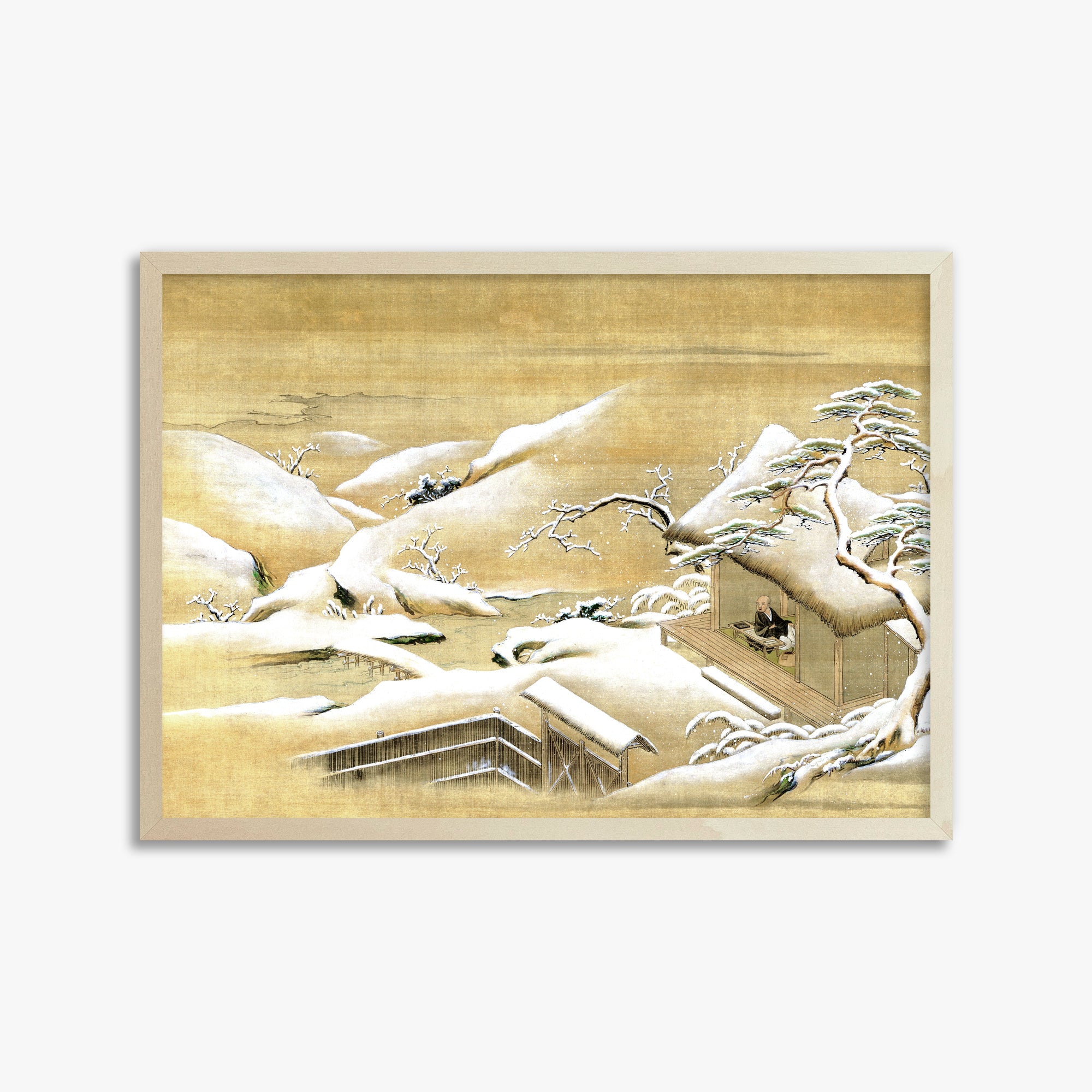 Itaya Keishū: Priest Looking Out into a Snow-covered Landscape, 50x70cm Framed Art Reproduction With Lime Wood Frame