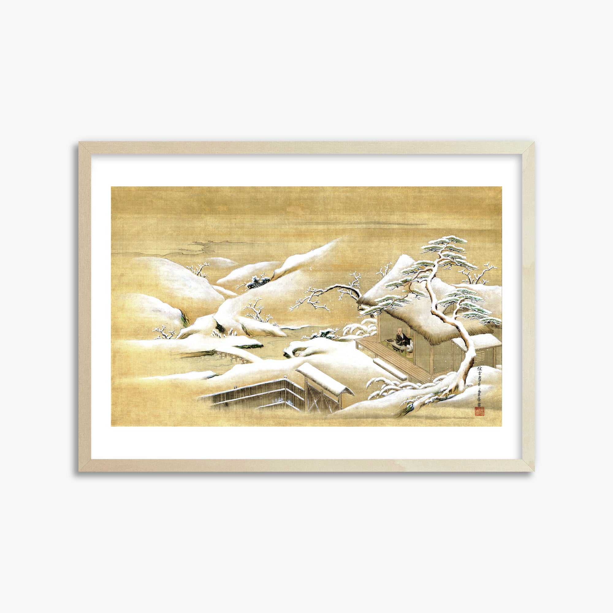 Itaya Keishū: Priest Looking Out into a Snow-covered Landscape, 50x70cm Framed Art Reproduction With Lime Wood Frame