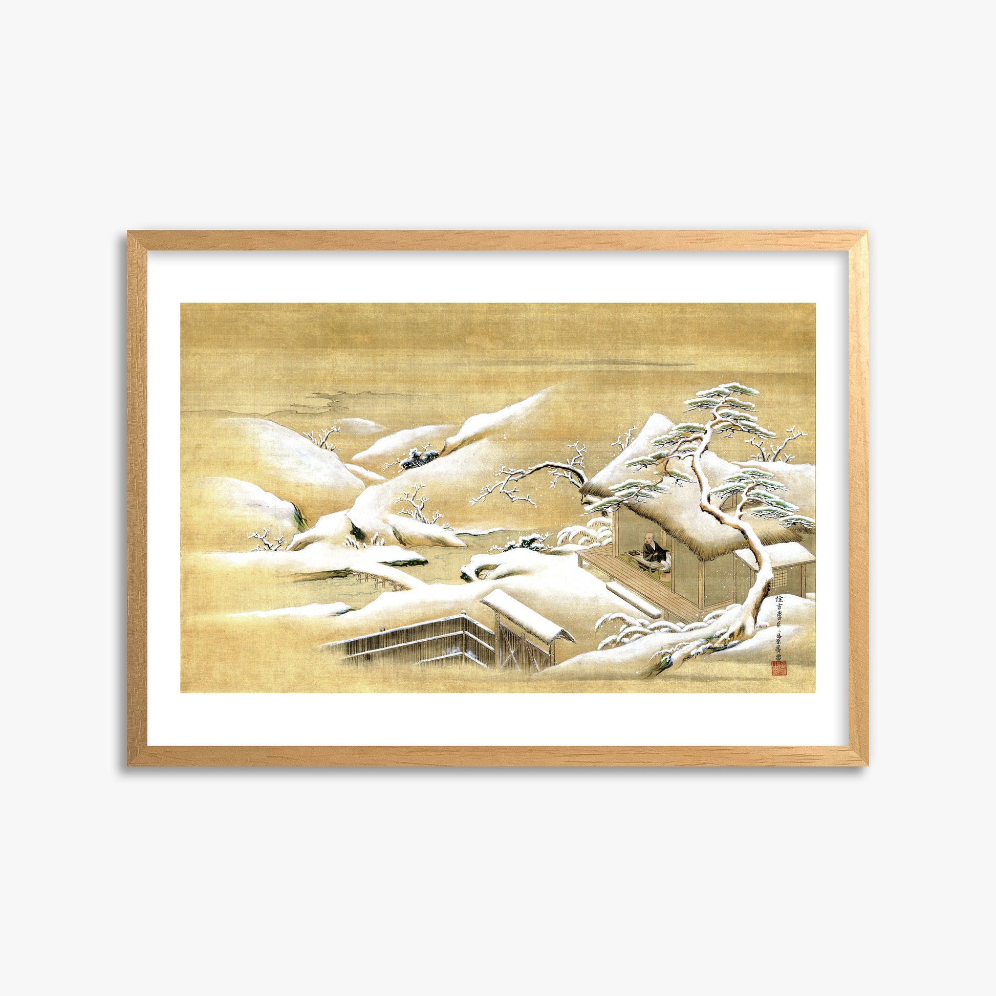 Itaya Keishū: Priest Looking Out into a Snow-covered Landscape, 50x70cm Framed Art Reproduction With Oak Frame