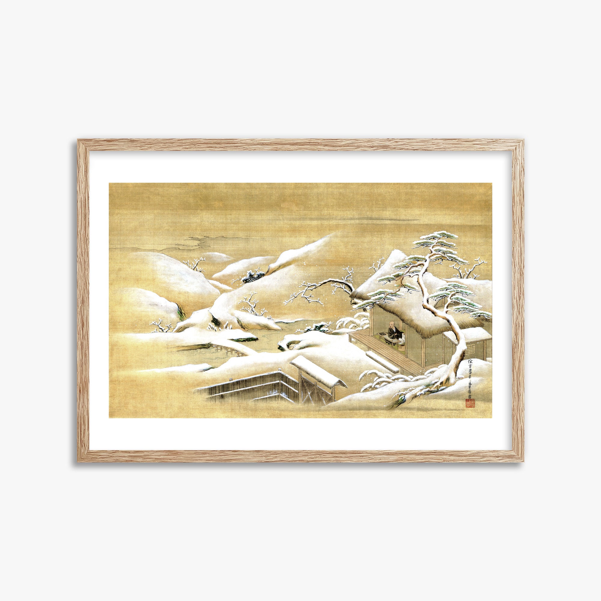Itaya Keishū: Priest Looking Out into a Snow-covered Landscape, 50x70cm Framed Art Reproduction With Raw Oak Frame