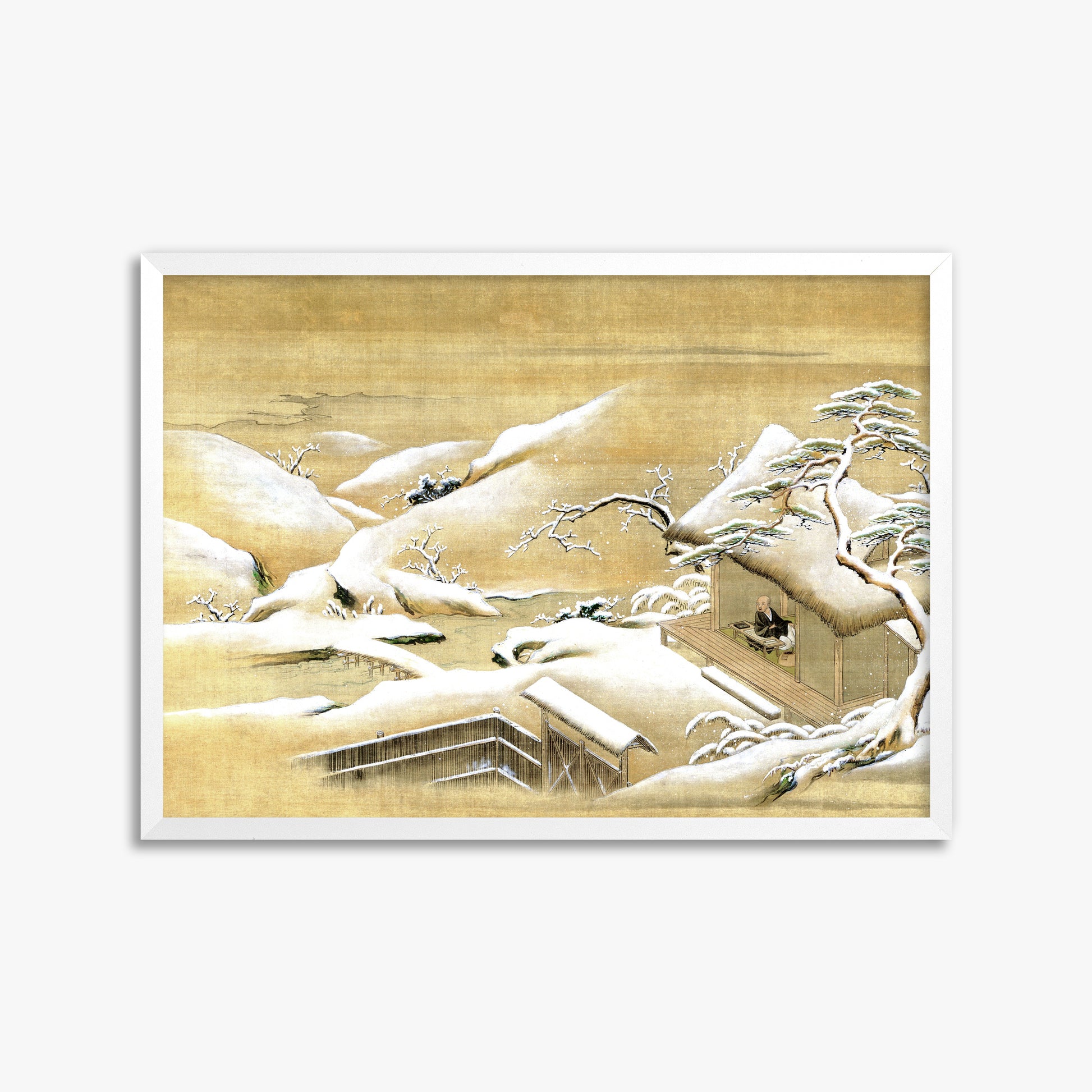 Itaya Keishū: Priest Looking Out into a Snow-covered Landscape, 50x70cm Framed Art Reproduction With White Frame
