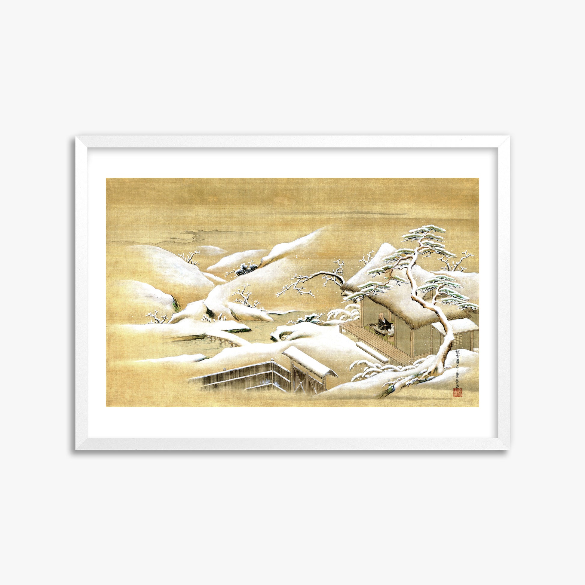 Itaya Keishū: Priest Looking Out into a Snow-covered Landscape, 50x70cm Framed Art Reproduction With White Frame