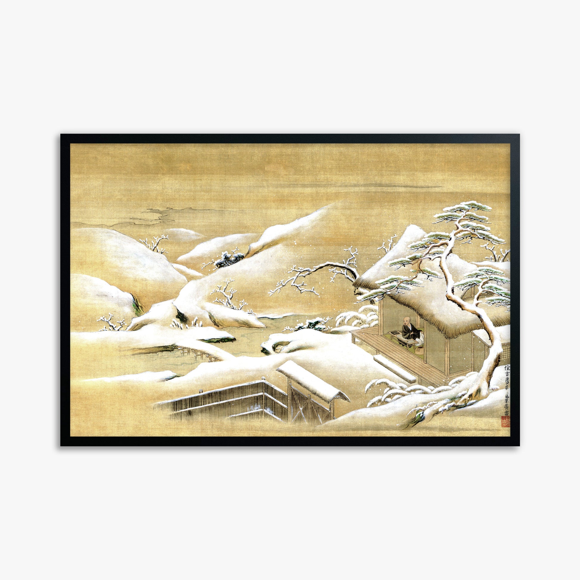 Itaya Keishū: Priest Looking Out into a Snow-covered Landscape, 61x91cm Framed Art Reproduction With Black Frame
